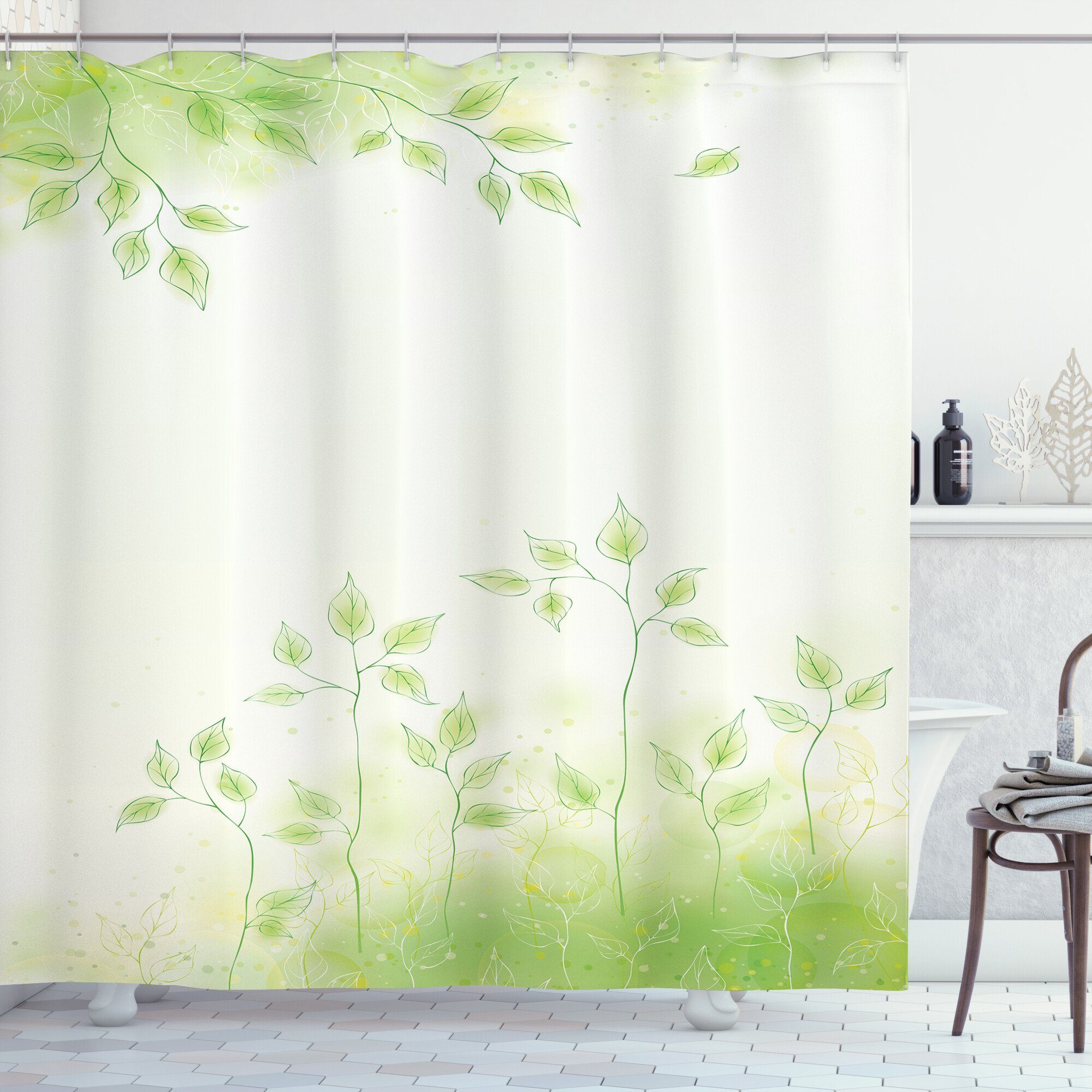 Abakuhaus Duschvorhang Moderner Digitaldruck mit 12 Haken auf Stoff Wasser  Resistent Breite 175 cm, Höhe 180 cm, Grün Frische Blätter Botanic Eco