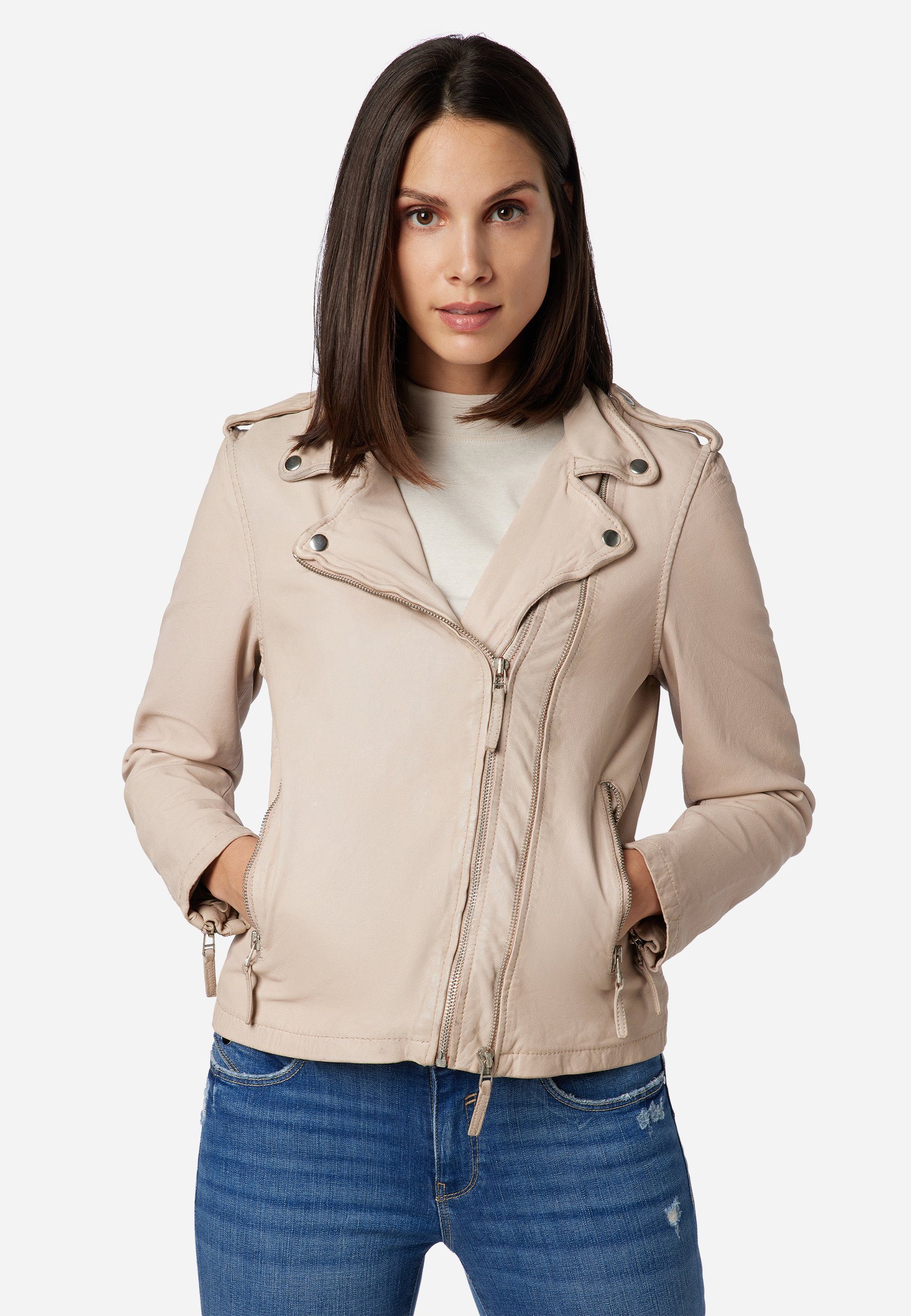 Lamm Bikerjacke, hochwertiges RICANO Beige Foxy Leder stylische Lederjacke