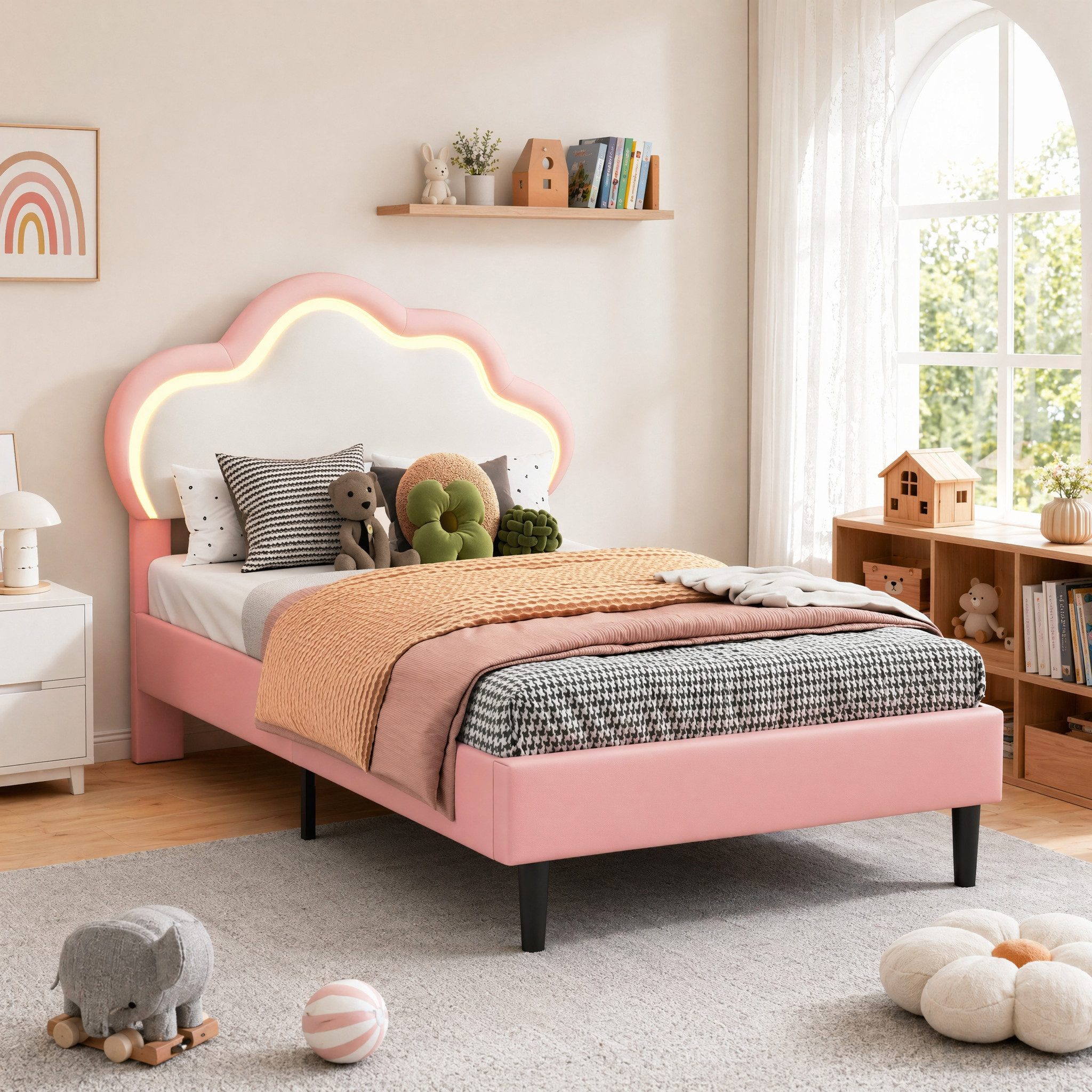Simurq Kinderbett 90x200cm Bettgestell, Einzelbett, Polsterbett, Jugendbett, Mit LED, Mit Lattenrost, Prinzessin Bett