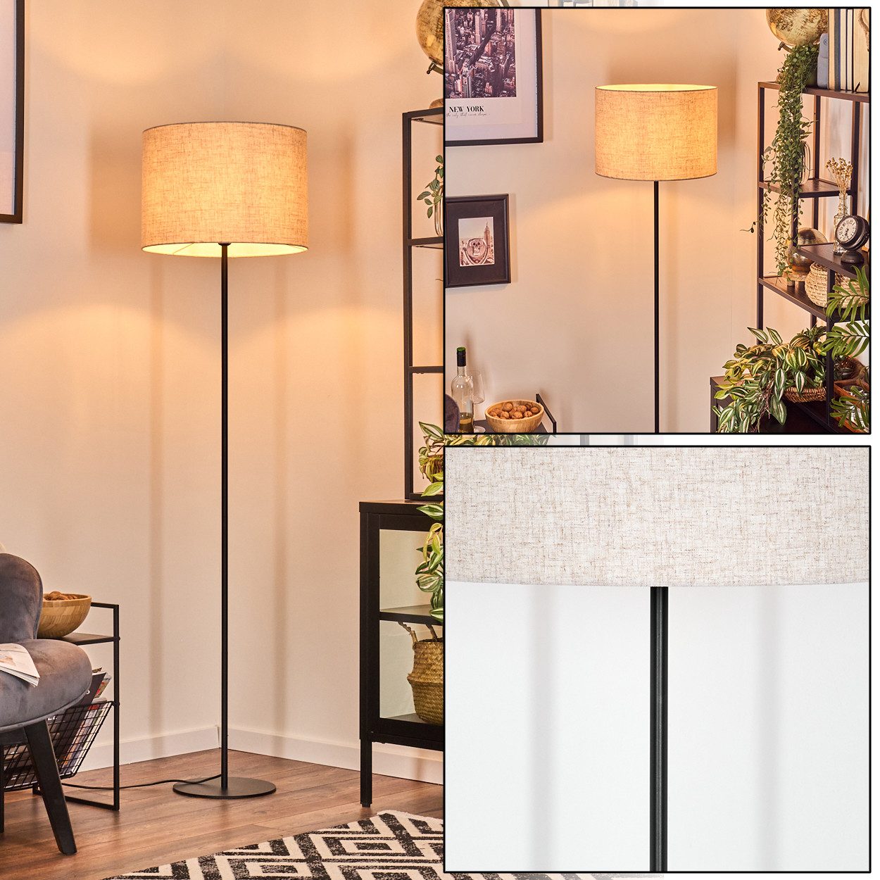 hofstein Stehlampe Stehlampe aus Metall/Stoff in Schwarz/Beige, ohne Leuchtmittel, mit rundem Schirm (40 cm) u. Fußschalter, 1 x E27, ohne Leuchtmittel