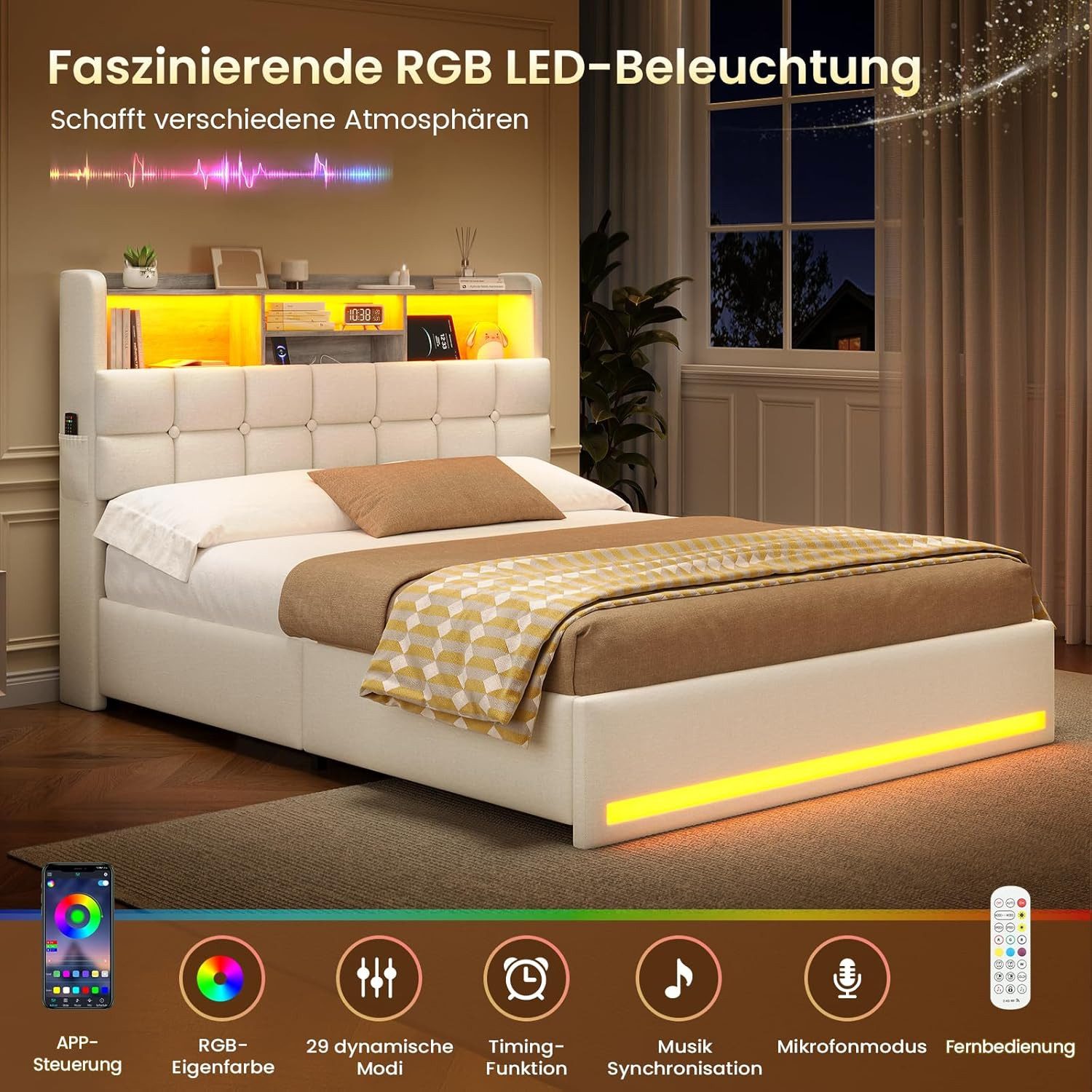 MSMASK Polsterbett Hydraulisches Stauraumbett mit LED-Bleuchtung, 90X200 cm (1-tlg., Ohne Matratze), Jugendbett mit USB- und Type-C-Anschlüsse, Leinenstoff – Bild 4 von 5
