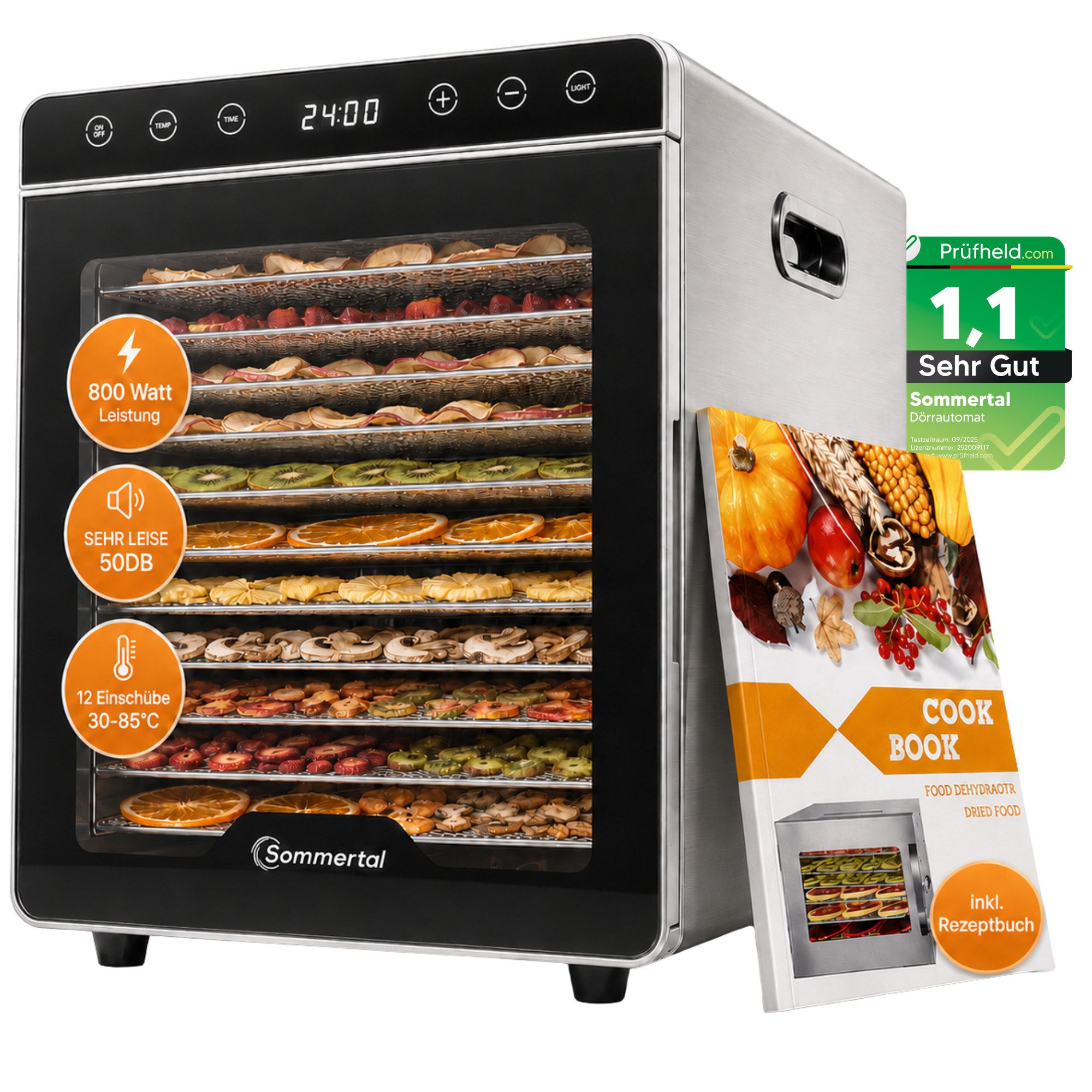Sommertal Dörrautomat Sommertal Dörrautomat Silence 800 12 Edelstahl-Einschübe 800 W, 800W, 30–85°C & 24h Timer – Dörrgerät Edelstahl & Kräutertrockner