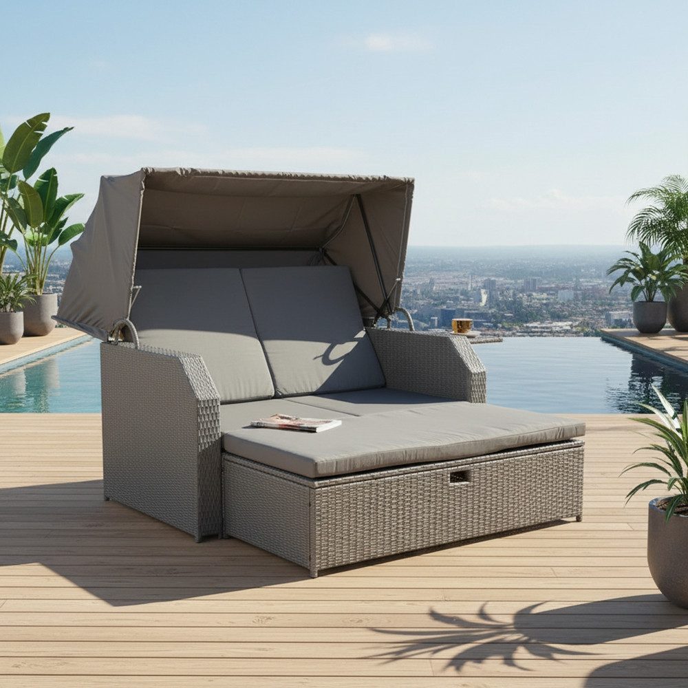 Melko Gartenliege Sonneninsel mit Dach, Hocker und Kissen Polyrattan 145×143×130 cm, Halblieger mit Dach 145x143 cm, 3-teiliges Set bestehend aus 1 × Sonneninsel, 1 × Hocker und Kissen, Kompakte Halblieger mit klappbarem Dach und separatem Hocker