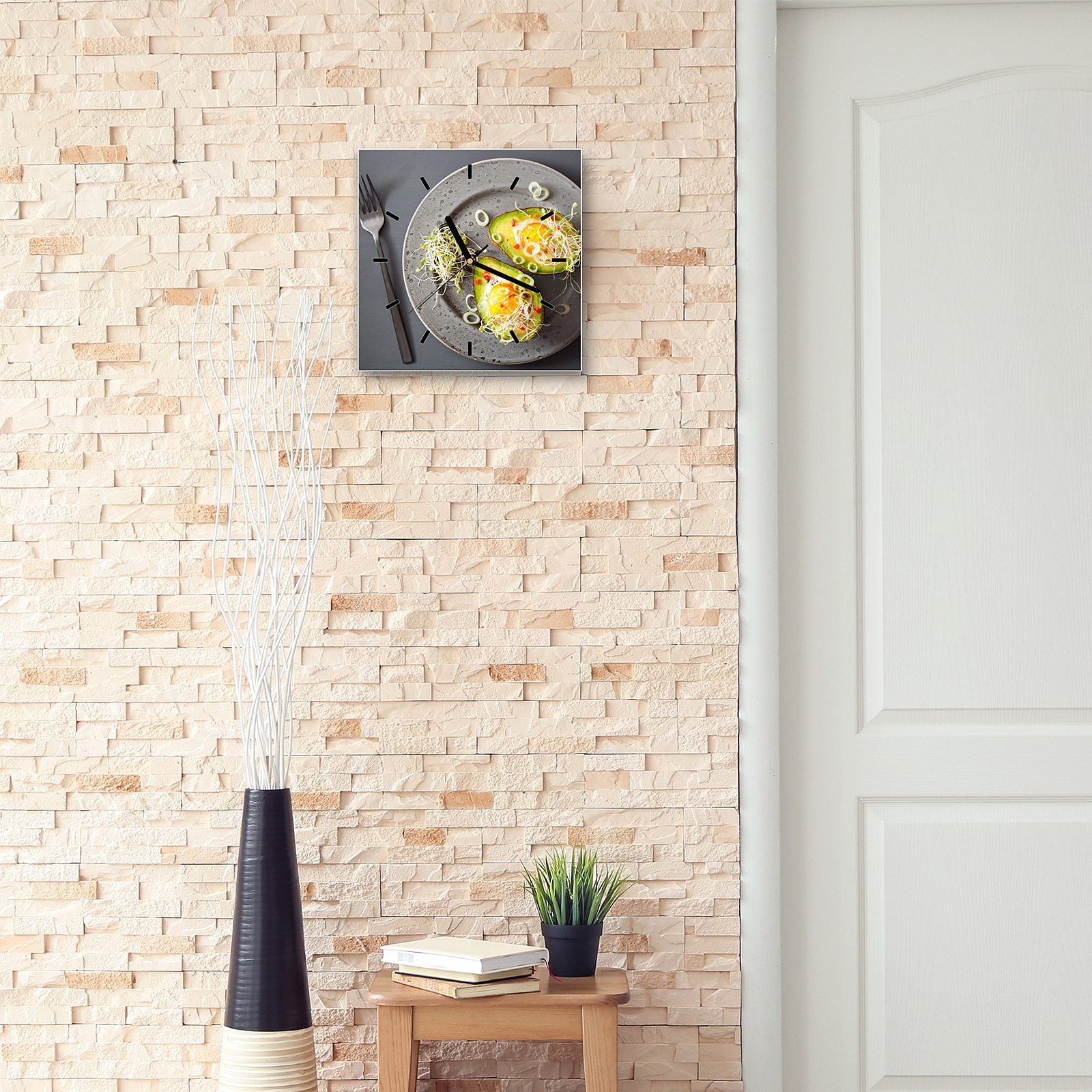 30 Wanduhr 30 Größe Wandkunst Wanduhr x Motiv Primedeco Ei in cm Glasuhr mit gebacken Avocado