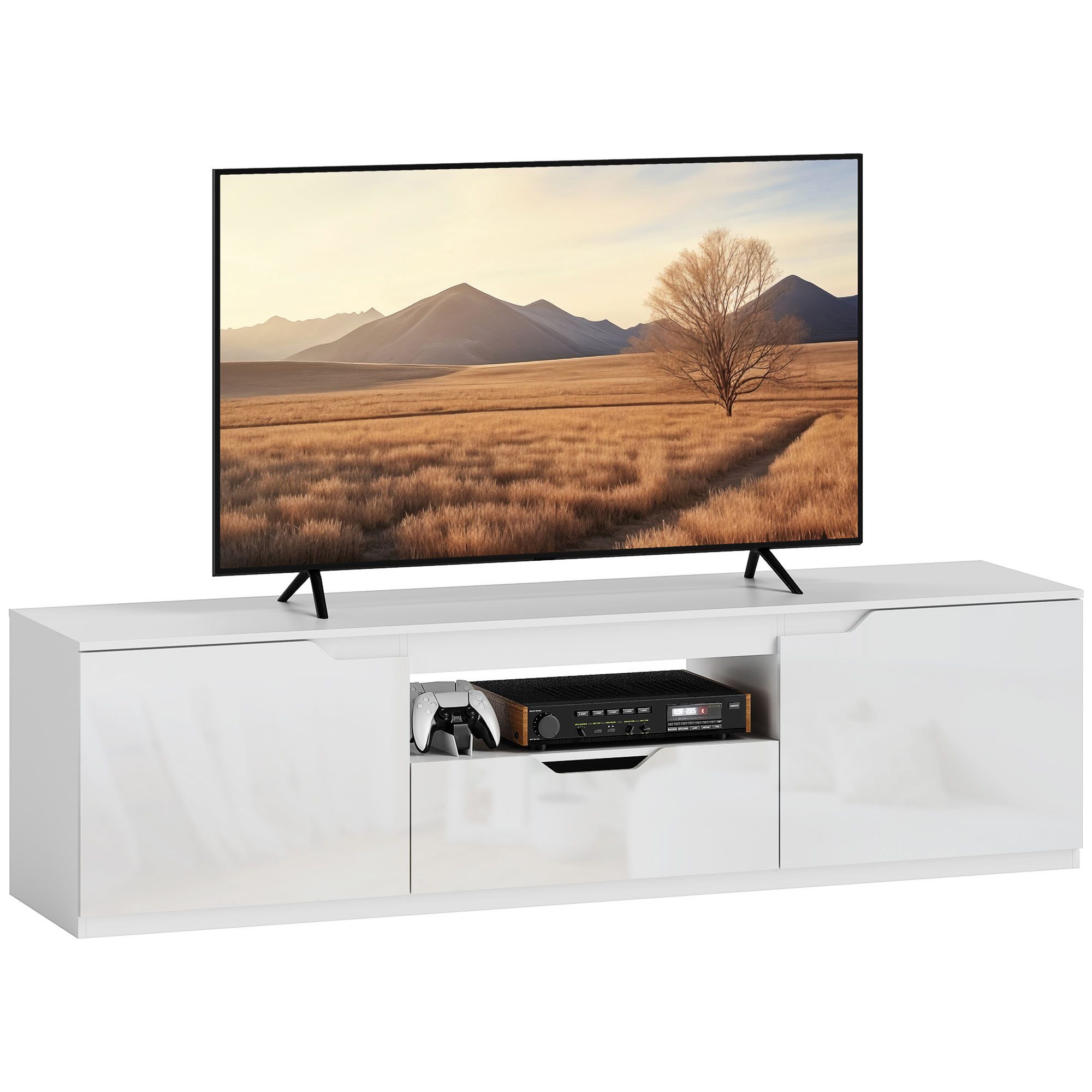 HOMCOM TV-Board TV Schrank Lowboard mit 2 Türen, Schublade (TV Board, 1 St., Fernsehtisch), mit Kabelmanagement für Wohnzimmer, Weiß