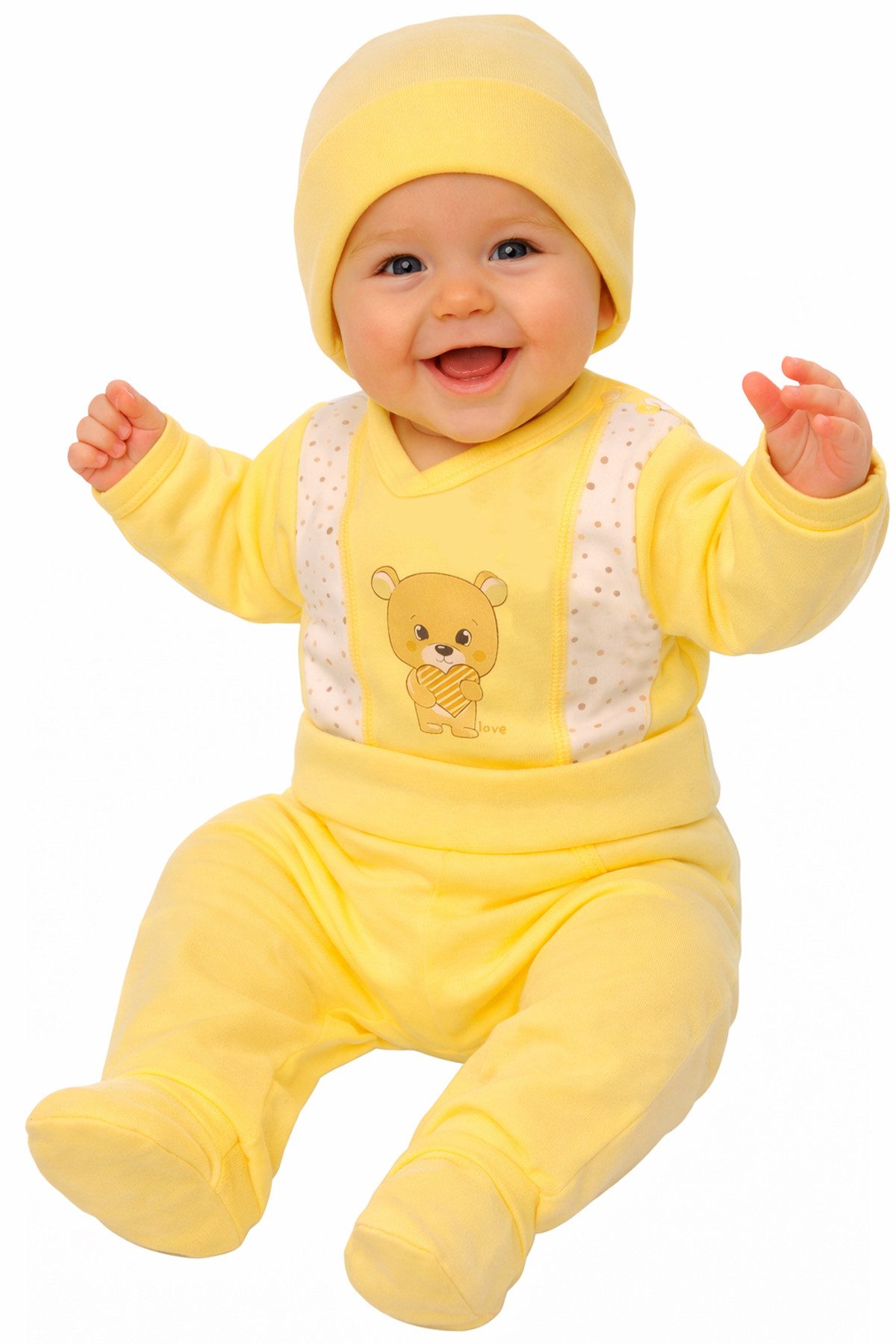 Body & Hose Langarmbody Schlupfhose und Mütze Baby Anzug in Gelb mit Bär