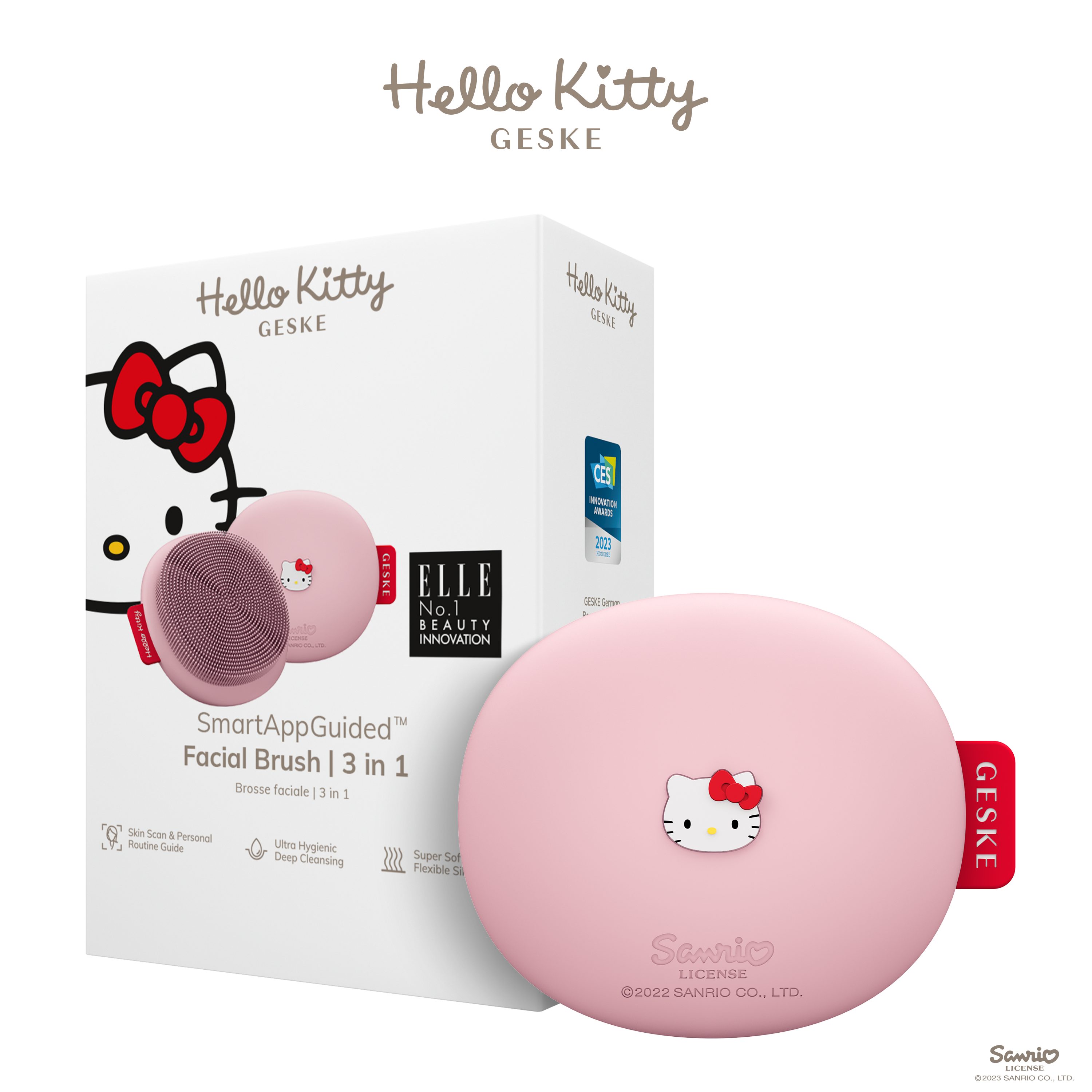 Hello Kitty Elektrische Gesichtsreinigungsbürste SmartAppGuided™ Facial Brush 3 in 1, Packung, 1-tlg., inkl. kostenloser APP (SmartAppGuided Device), Mit der GESKE App erhältst Du deine personalisierte Hautpflegeroutine. Hello Kitty Pink