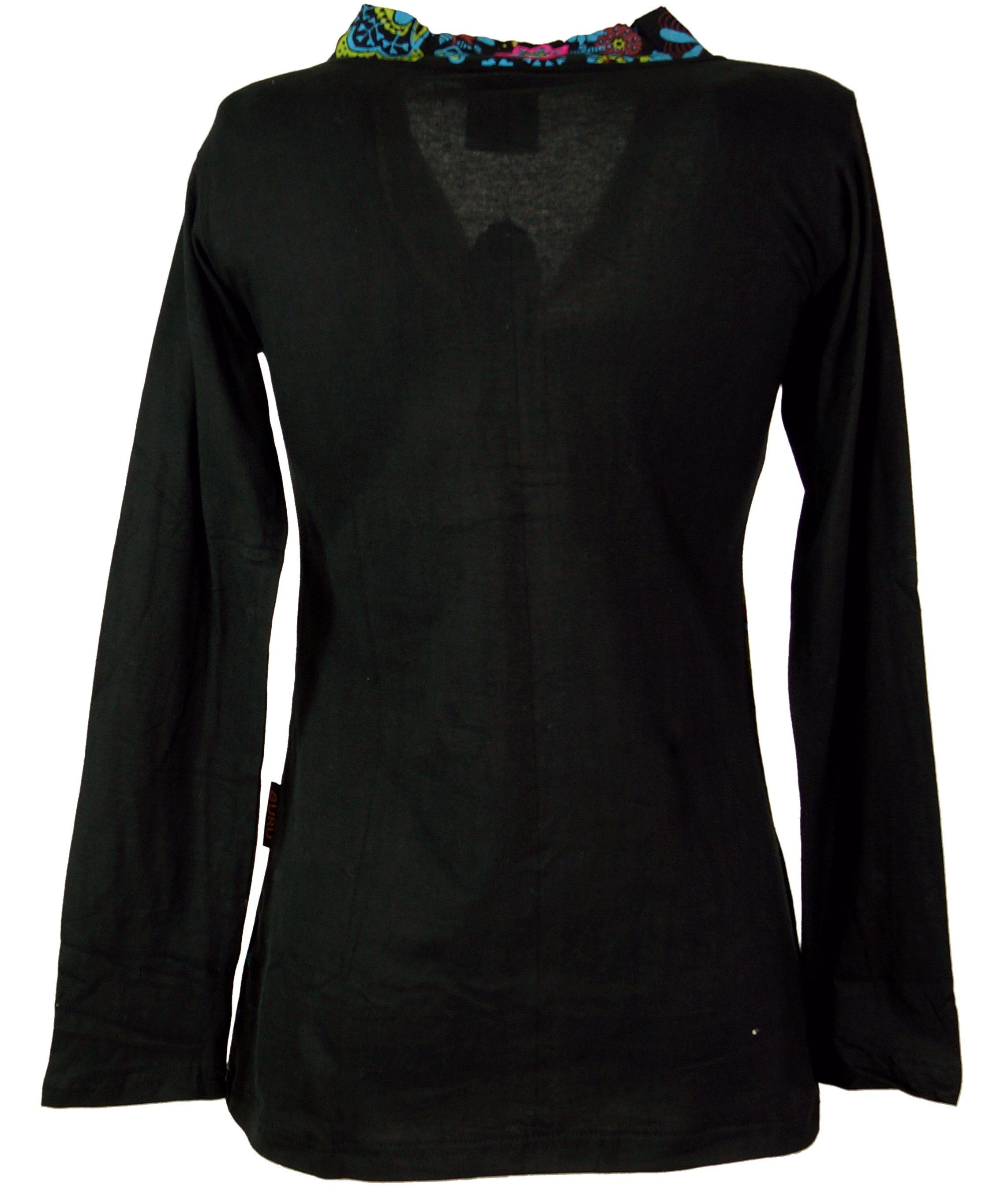 Guru-Shop Longsleeve Besticktes Langarmshirt mit V-Neck günstig online kaufen