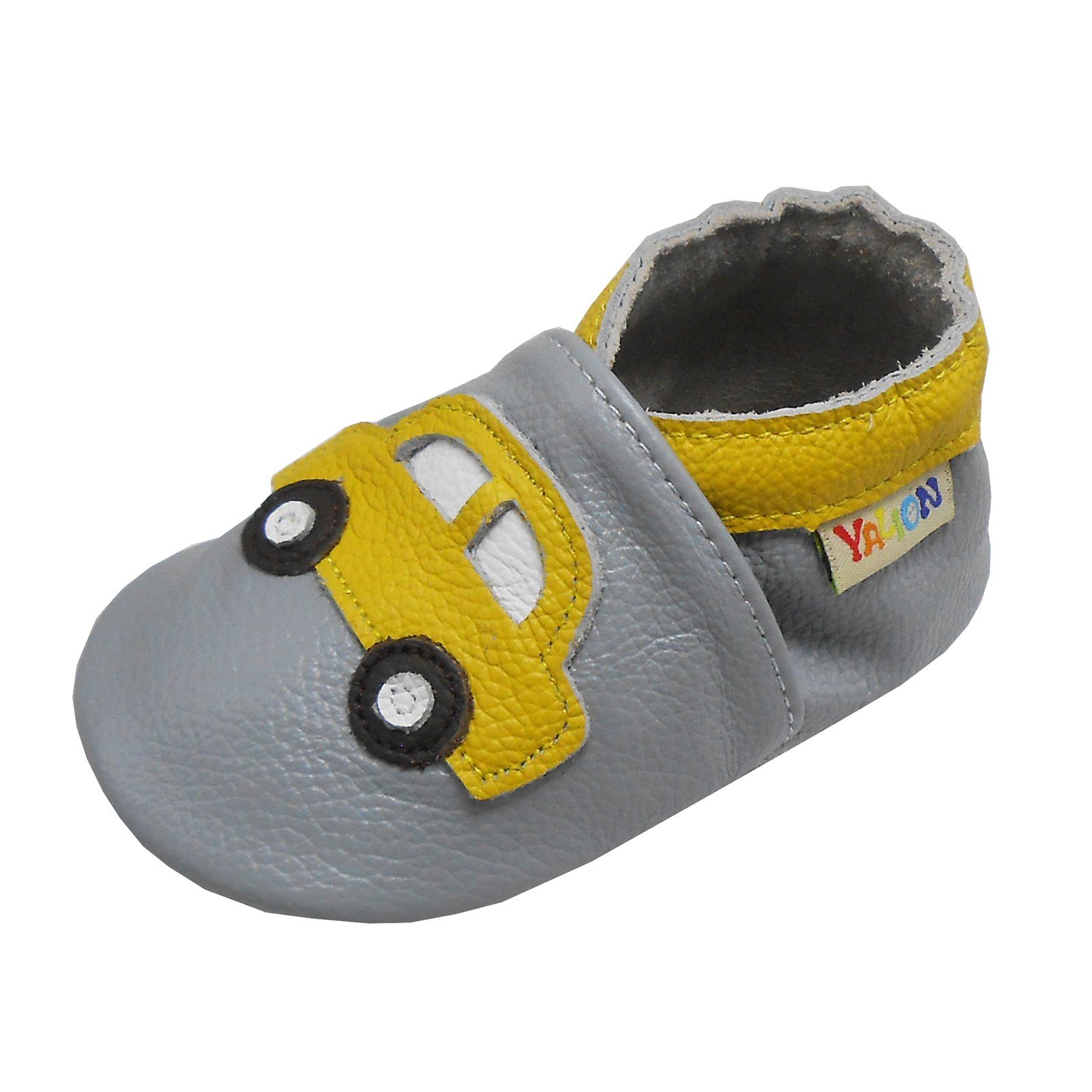 Yalion Weiche Leder Lauflernschuhe Hausschuhe Lederpuschen Gelbes Auto Krabbelschuh aus echtem Leder