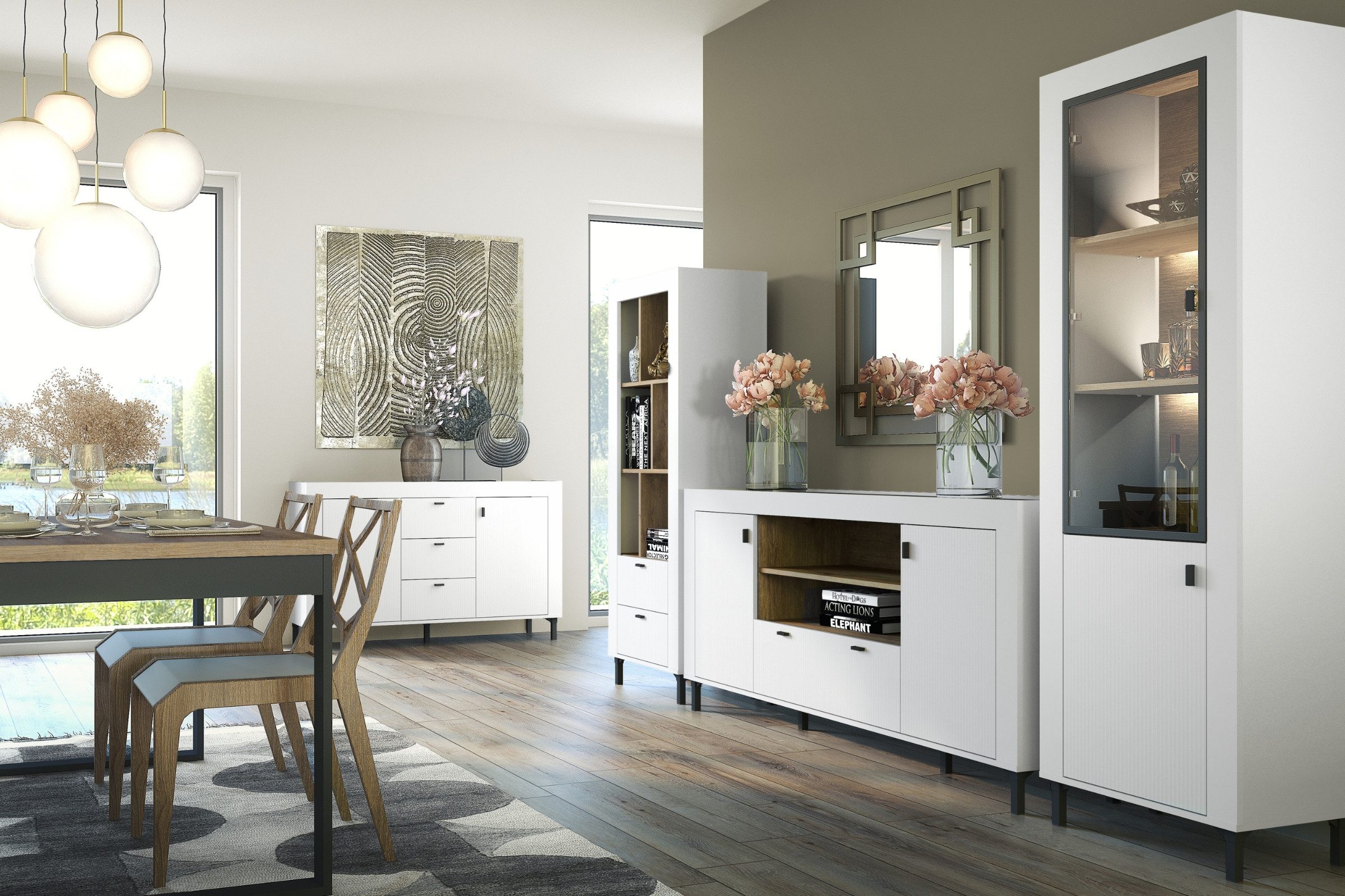 Deine Möbel 24 Wohnzimmer-Set MONI A mit Vitrine, Regal, 2 Kommoden, (Set, 4-St., MONI - Kollektion), optionale LED-Beleuchtung, in Weiß, Schwarz, Cashmere/Eiche Whisky