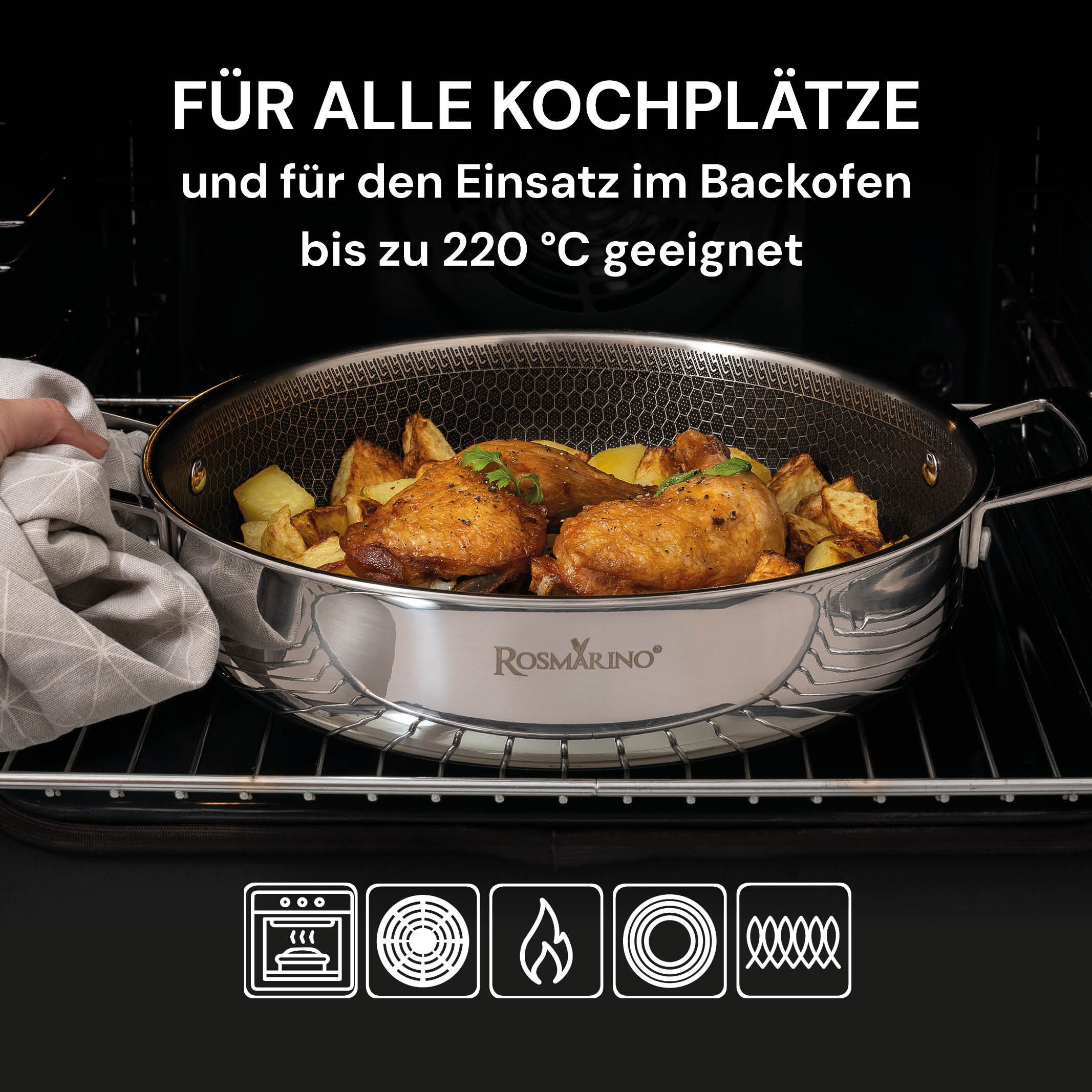 ROSMARINO Bratpfanne hexaPRO Bratentopf Servierpfanne Induktion, Antihaft mit Deckel