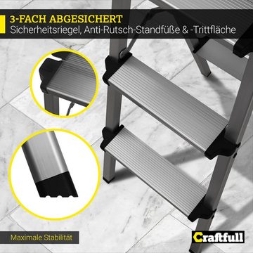 Craftfull Trittleiter Klapptritt Leiter CF-131A - 3 J. Garantie - 2-5 Stufen - Aluminium (150 kg Traglast - Alu Stehleiter Klappleiter bis 150 kg - Doppelleiter - Sicherheitsleiter - Multifunktionsleiter - Vielzweckleiter - Mehrzweckleiter, 1-St., Doppel-Klapptritt, Anti-Rutsch, Sicherheitsbügel), Haushaltsleiter Stufen Leiter Arbeitsleiter Arbeitsbühne klappbar