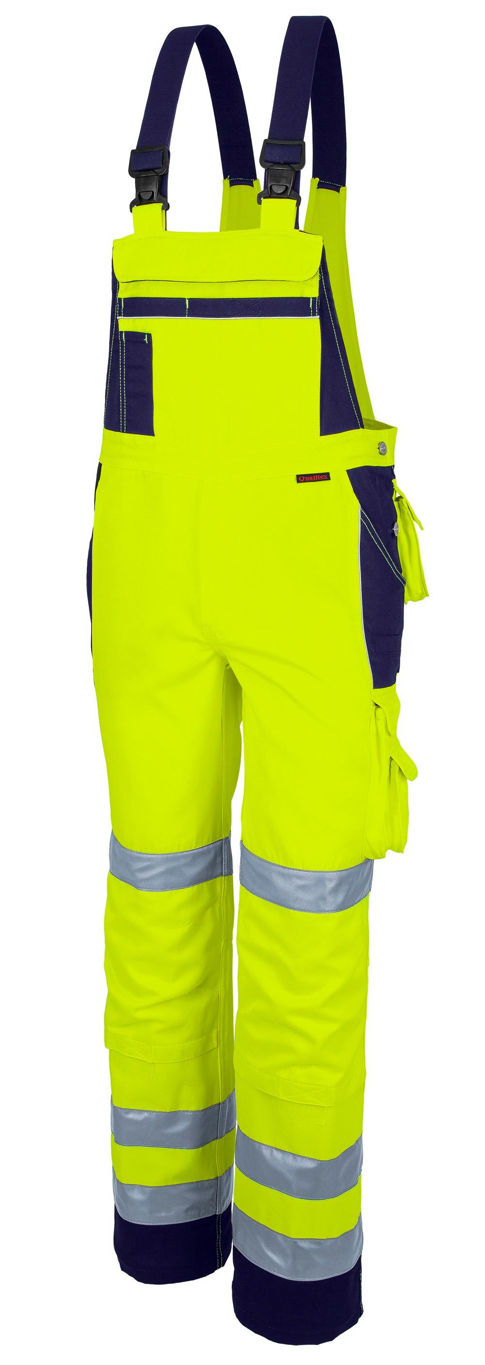 Qualitex Workwear Arbeitslatzhose reflektierende PROfessionals Warnschutz-Latzhose (faserverstätkt) (1-tlg) Arbeitshose mit 16 Taschen - Strapazierfähig - mit Zertifizierung