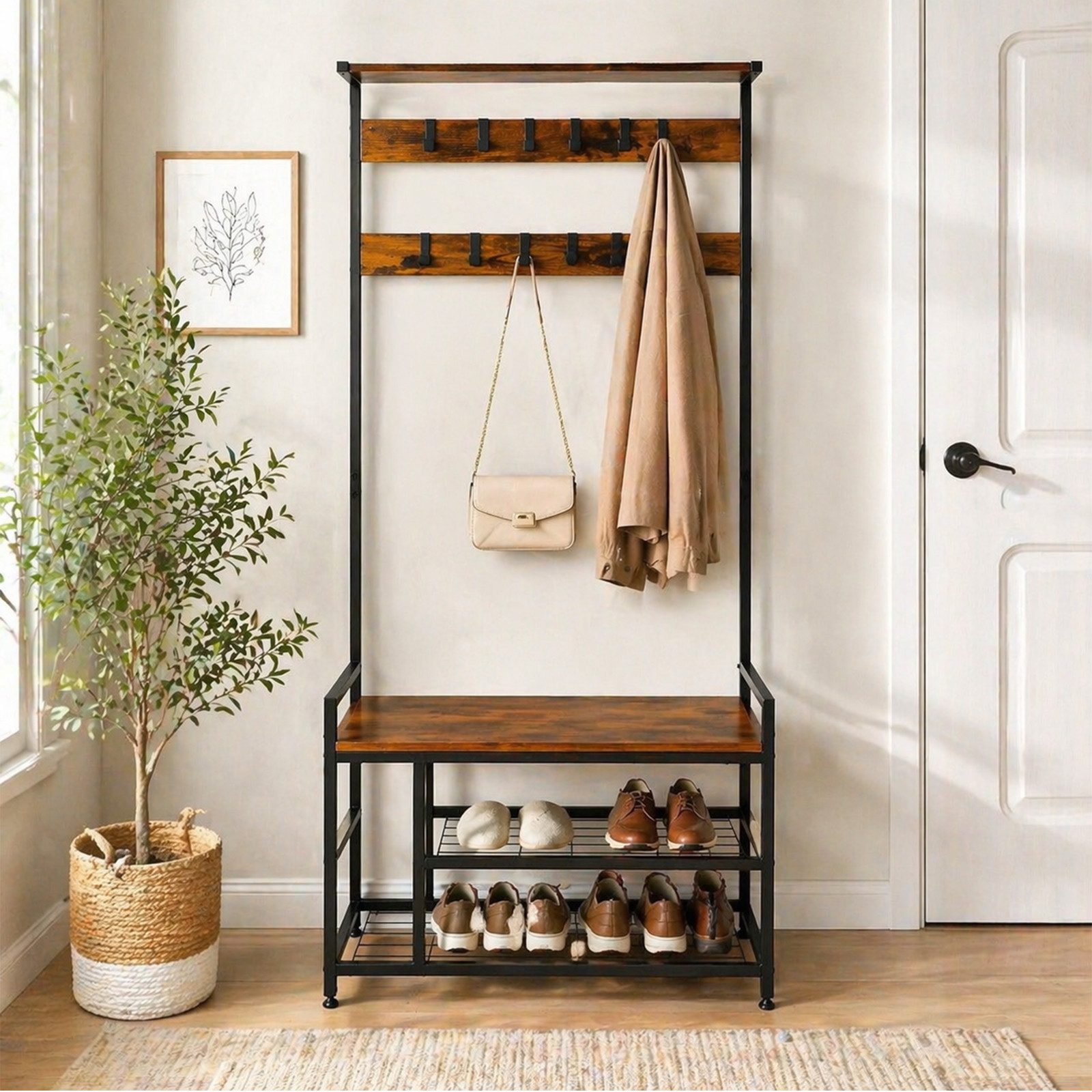 BIGTREE Kleiderständer mit Schuhablagen Garderobe mit 7 Haken, Höhe 180 cm, Garderobe 2-in-1 mit Ablagen für Wohnzimmer, Büro, 30 x 80 x 180 cm