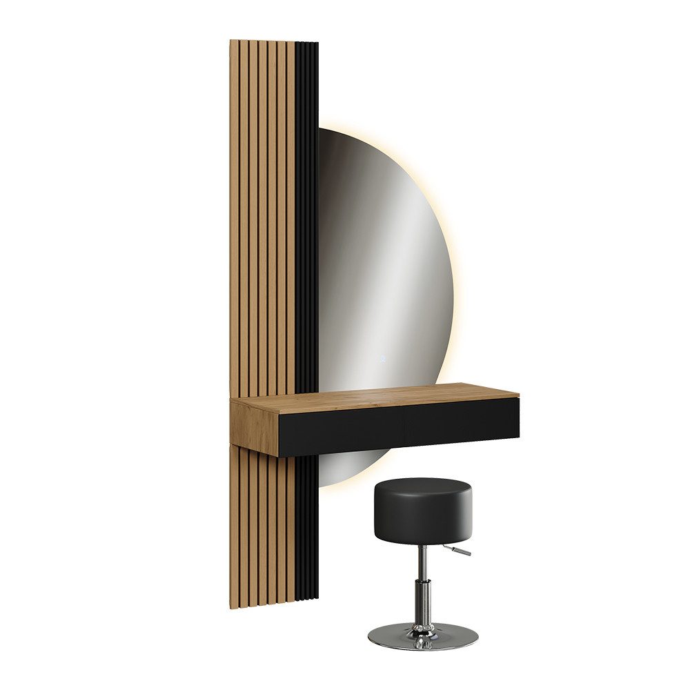 Vicco Schminktisch Melina, Eiche/Schwarz, 100 cm mit LED-Spiegel und Hocker (3-St)