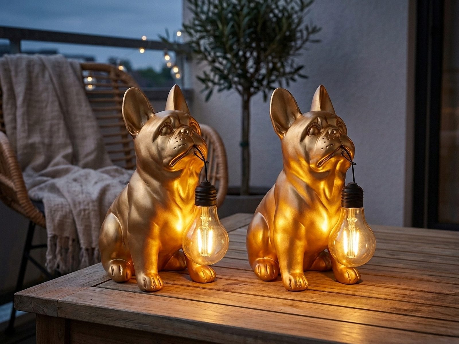 GLOBO LIGHTING LED Solarleuchte 2er Set Hundelampen Gold, Höhe 24,5cm, LED fest integriert, warmweiß, Ausgefallene Solarlicht-er für den Garten & Balkon Bulldoggen Gold
