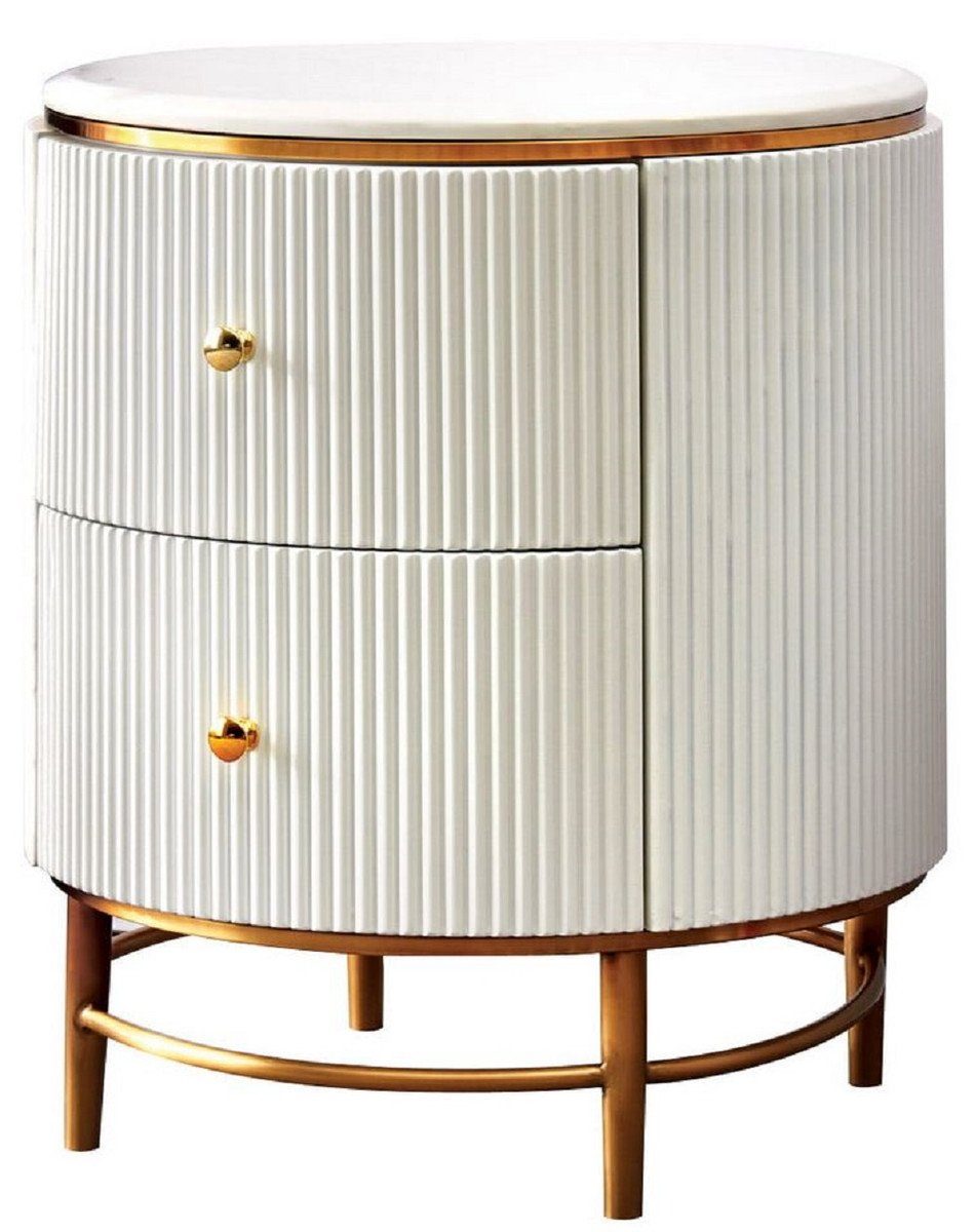 Casa Padrino Beistelltisch Luxus Beistelltisch Weiß / Messingfarben / Gold  Ø 50 x H. 58 cm - Runder Nachttisch mit 2 Schubladen - Moderne Möbel