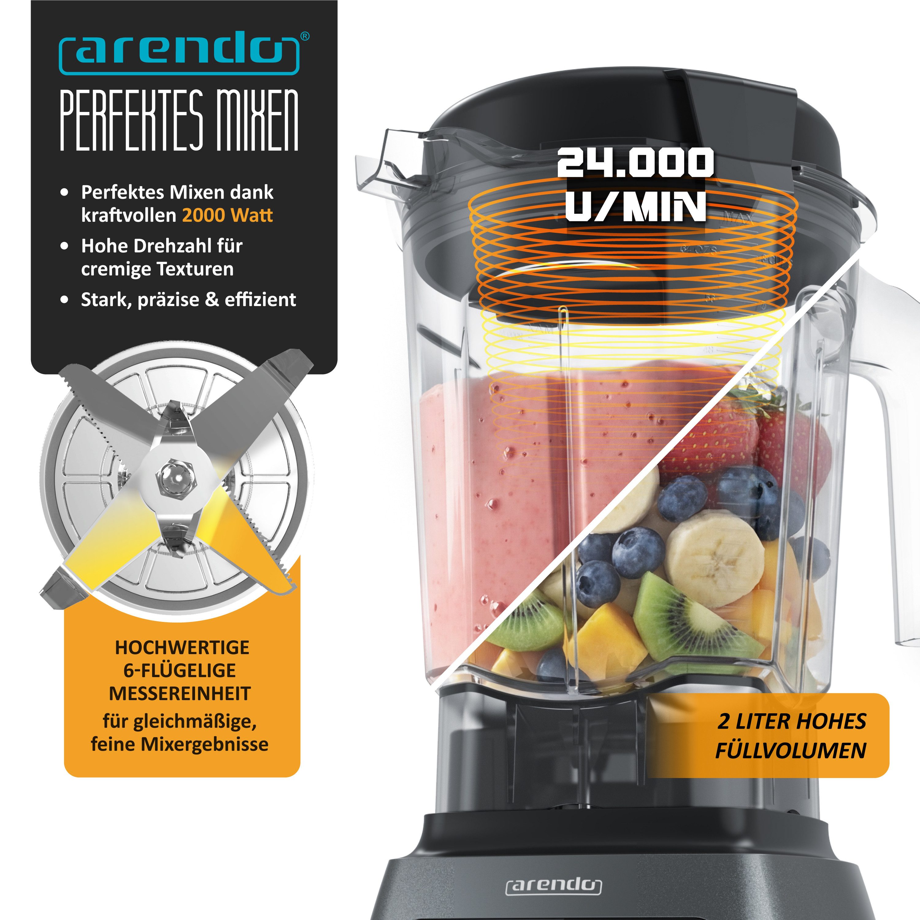 Arendo Standmixer Hochleistungsmixer 2000W, Touchpanel, max. 24.000 U/min, 2L Behälter, 2000 W, Smoothie Maker, Blender, 5 Programme, Timer, Mixer mit Display – Bild 5 von 5