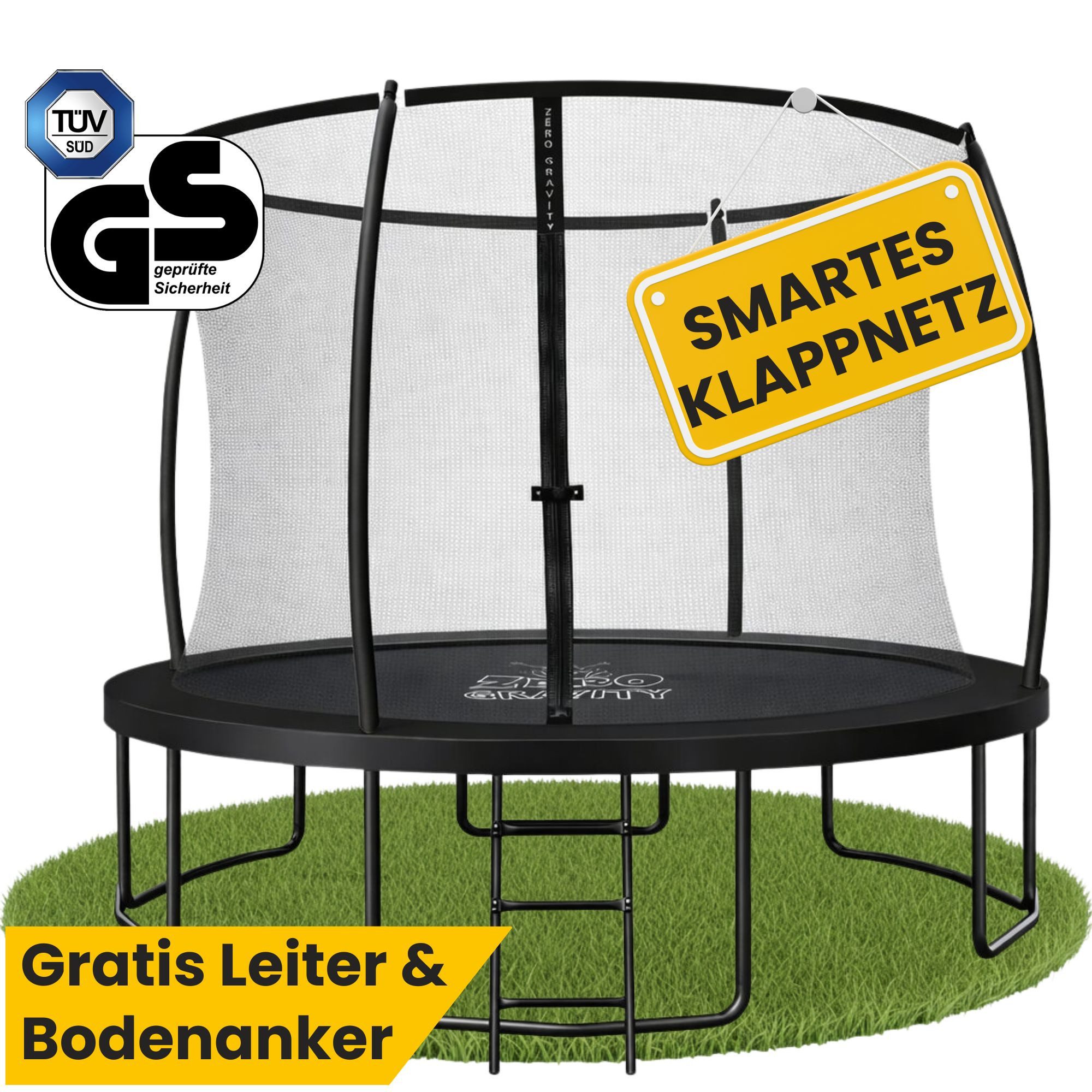 Zero Gravity Gartentrampolin Trampolin Outdoor Ø244/305/366/427cm mit smartem Klappnetz, Ø 244 cm, TÜV GS geprüfte Sicherheit