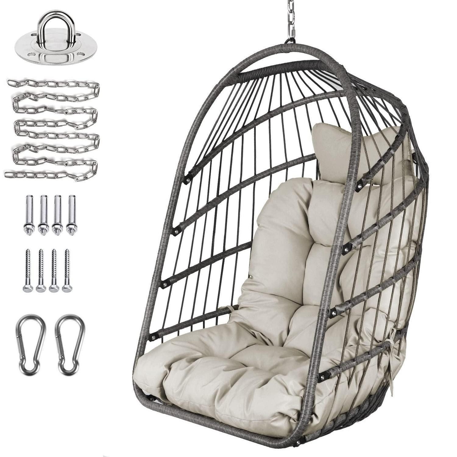 LuxusKollektion Hängesessel Hängesessel Rattan faltbar Aufhängeset UV Kissen Balkon Stuhl (Grau) (1-St)