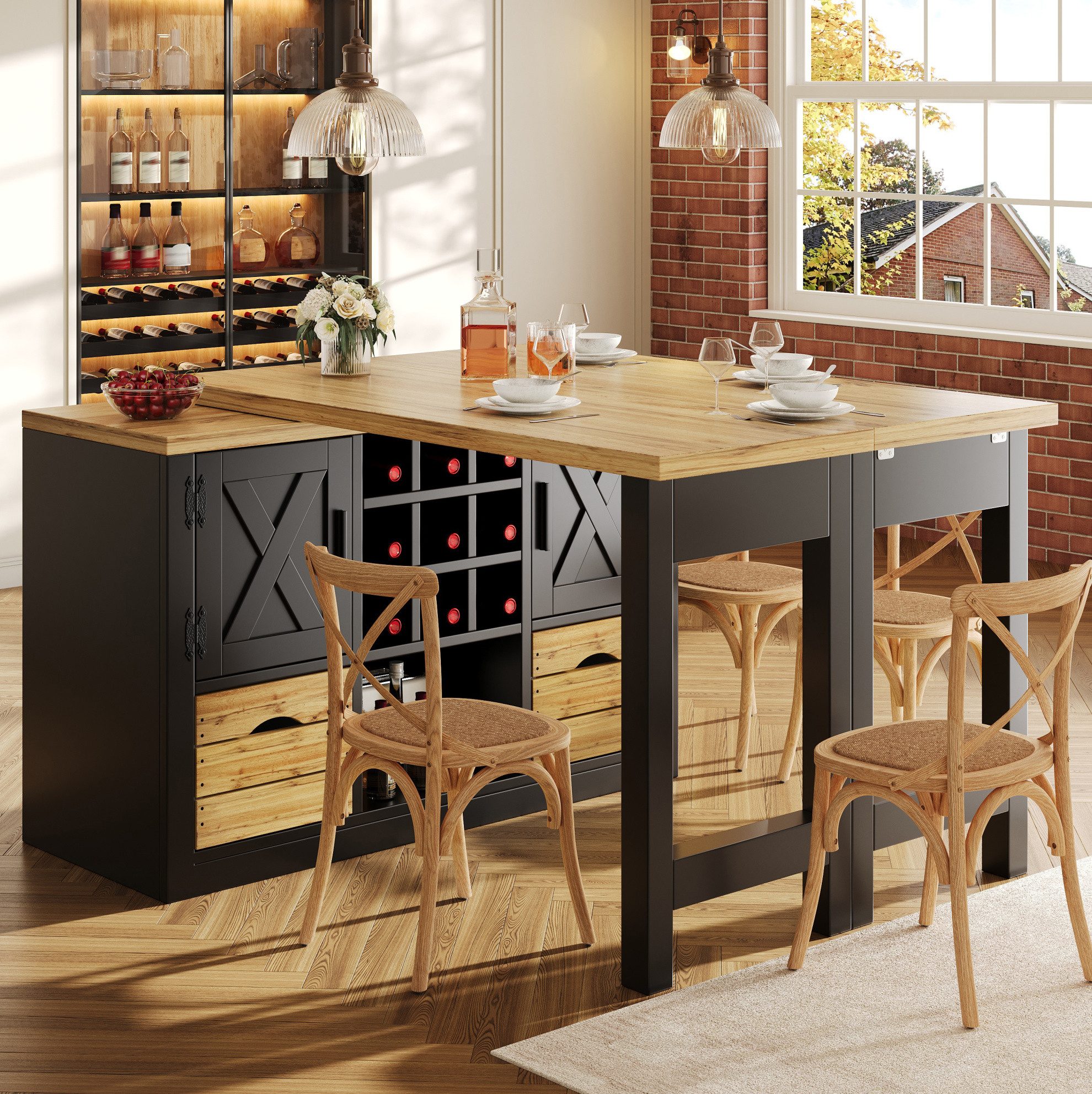OKWISH Kücheninsel Platzsparende Schrankwand, (mit erweiterbarem Tisch, Soft-Close-Mechanismus und flexibler Nutzung als Kücheninsel oder Arbeitsplatz)