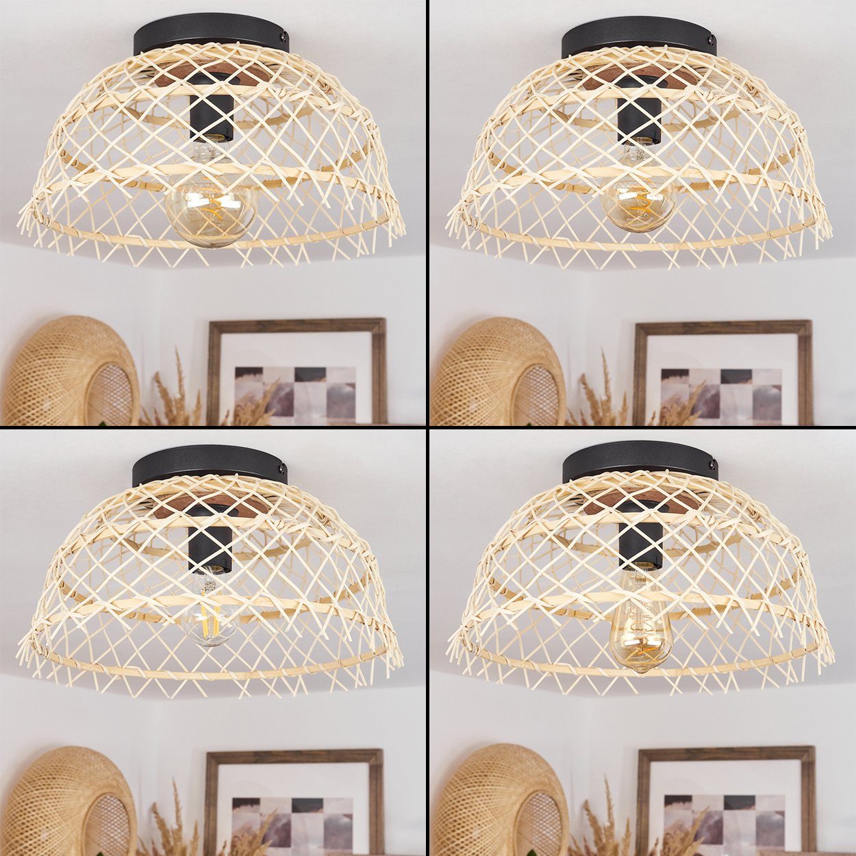 Boho-mit aus Deckenlampe Leuchtmittel, E27 in in u. Leuchte, Ø37cm, Gitter-Optik hofstein Natur/Schwarz, Schirm Lichteffekt, Holz/Metall ohne Deckenleuchte »Olmedo«