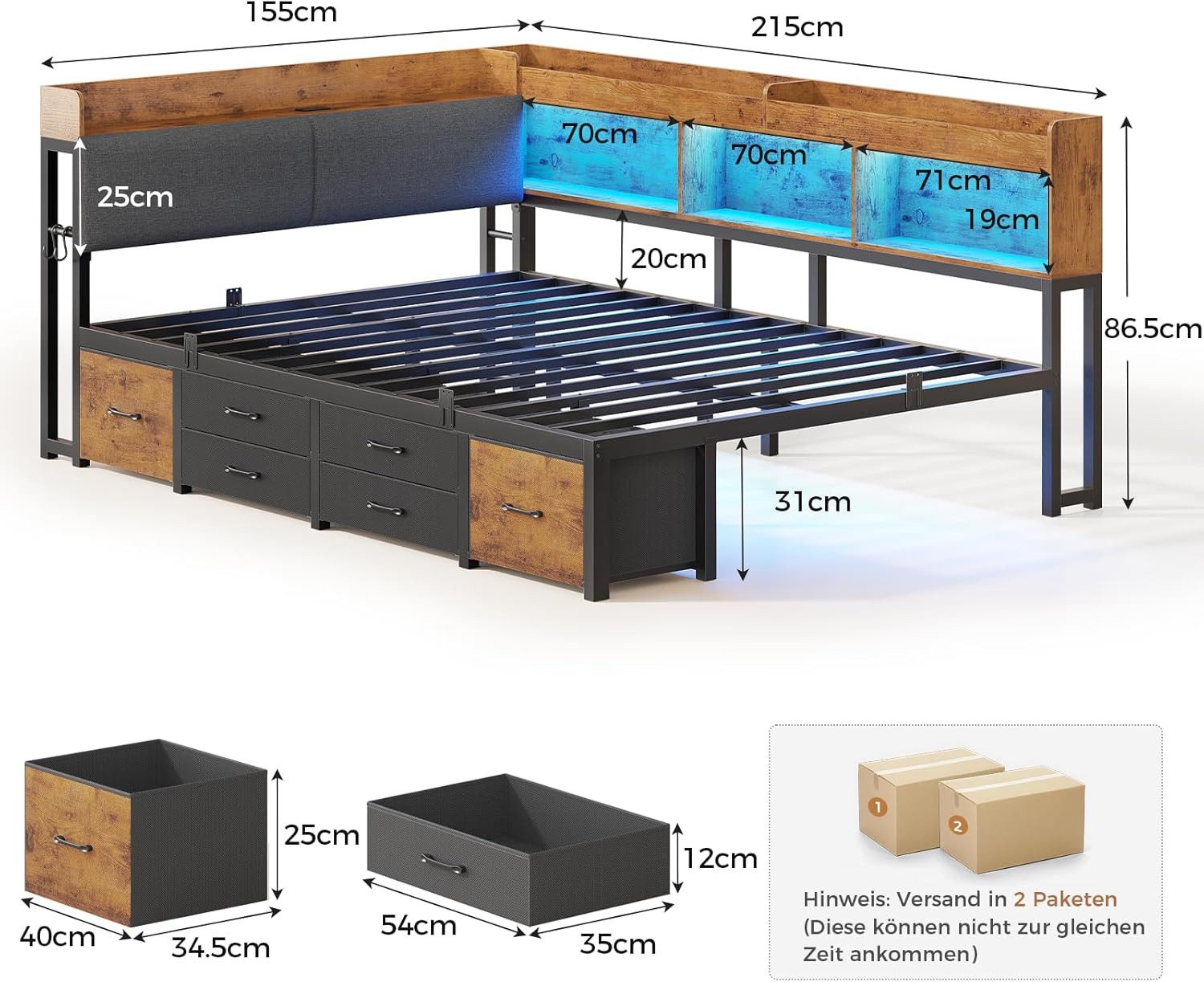 MSMASK Daybett Tagesbett Schlafsofa mit LED-Beleuchtung & Ladestation, Jugendbett mit 6 Staufächern und 6 Schubladen – Liegefläche 140x200 cm