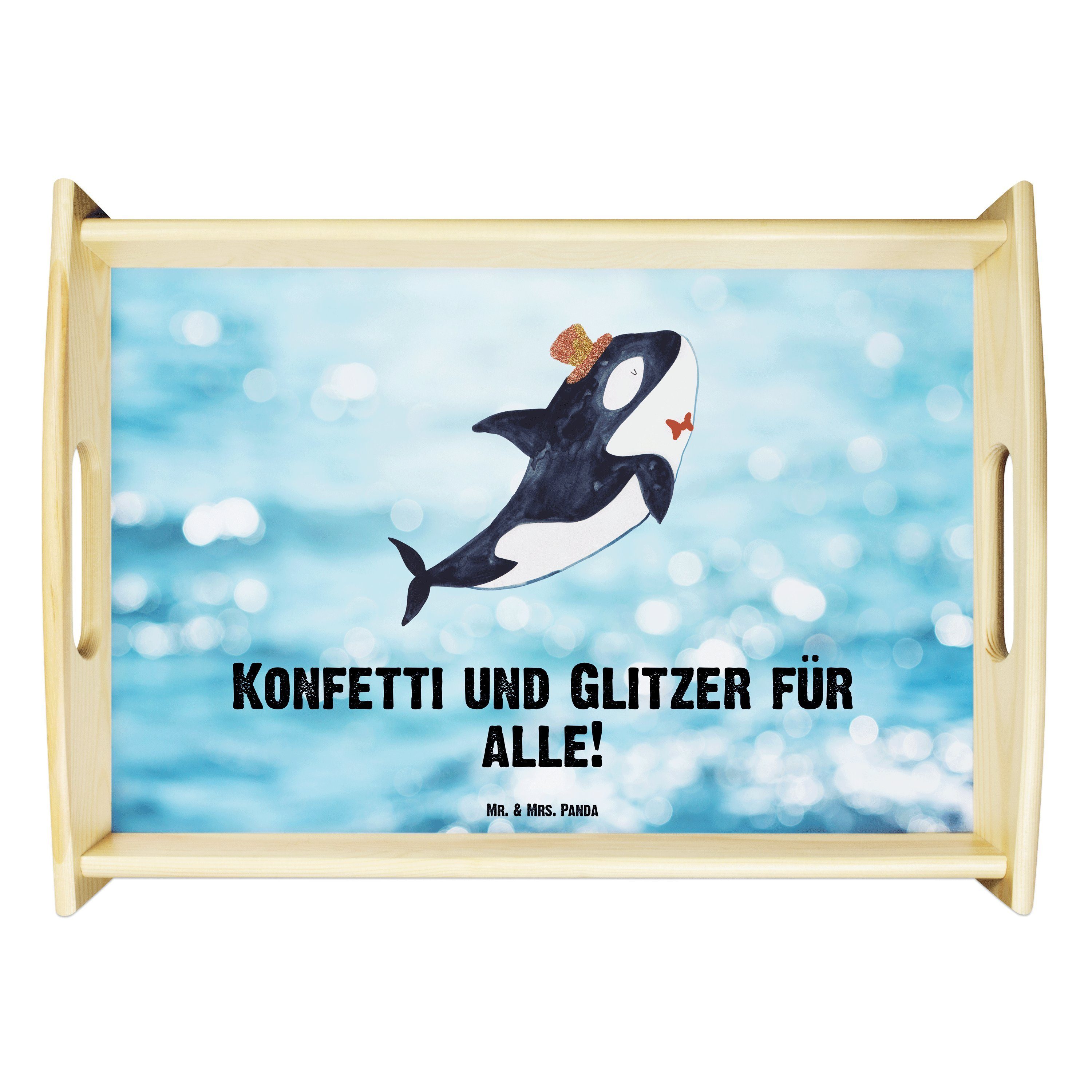 Mr. & Mrs. Panda Tablett Orca Zylinder - Oceanblue - Geschenk, Meer, Geburtstag, Küchentablett, Echtholz lasiert, (1-tlg)