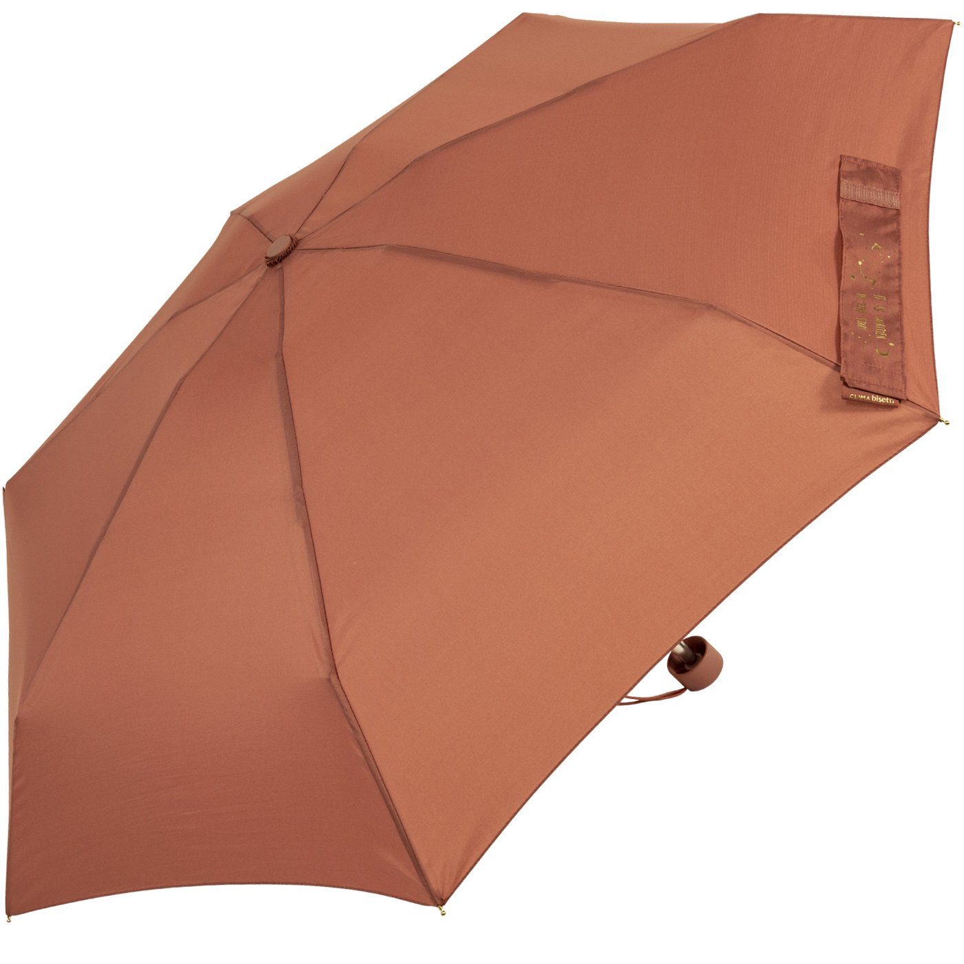 bisetti Taschenregenschirm Damen-Regenschirm, klein, stabil und kompakt, braun, mit goldenem Aufdruck auf dem Schließband