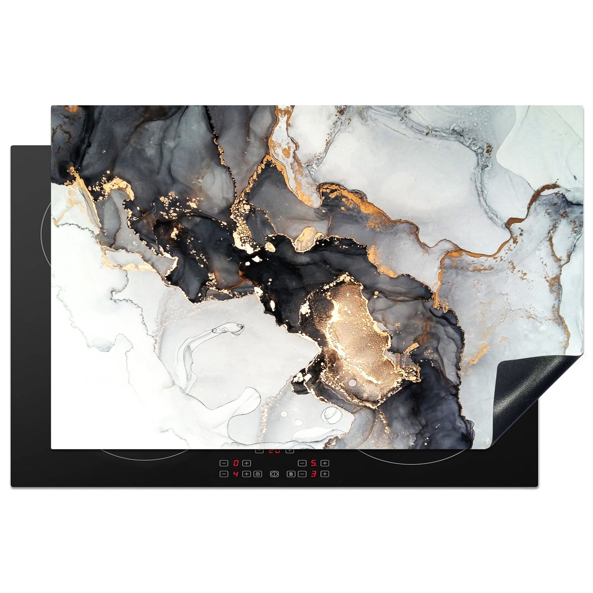 MuchoWow Herdblende-/Abdeckplatte Marmor - Schwarz - Weiß - Gold - Luxus - Abstrakt, Vinyl, (1 tlg), 81x52 cm, Induktionskochfeld Schutz für die küche, Ceranfeldabdeckung