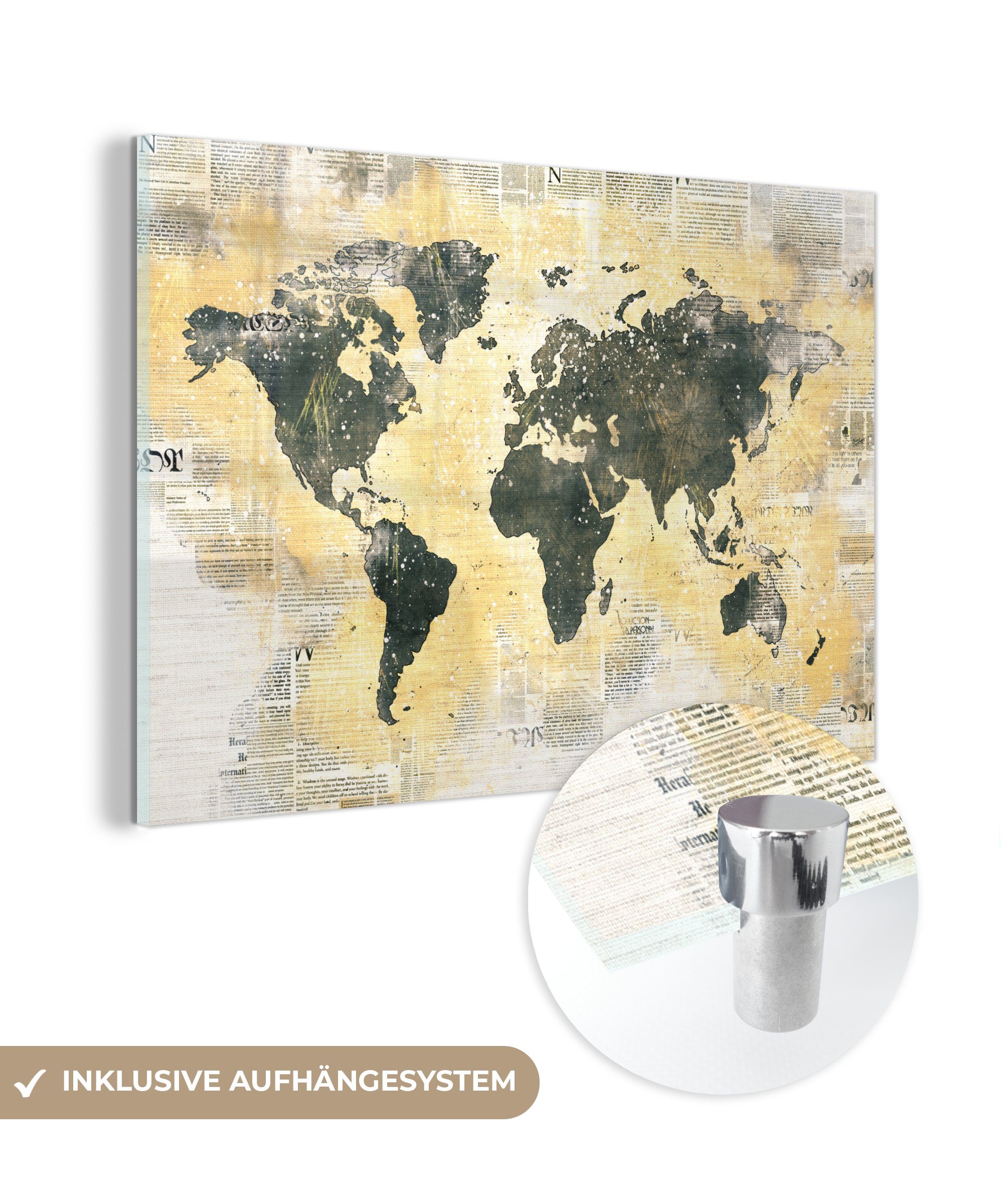 MuchoWow Acrylglasbild Weltkarte - Gold - Zeitung, (1 St), Glasbilder - Bilder auf Glas Wandbild - Foto auf Glas - Wanddekoration