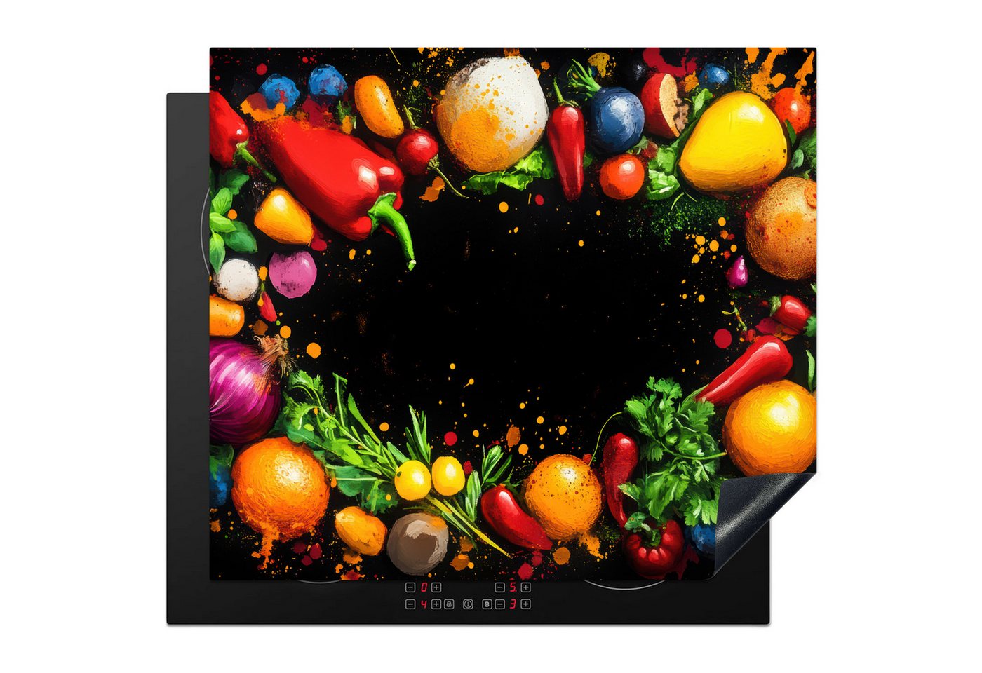 MuchoWow Herd-Abdeckplatte Gemüse - Graffiti - Farbenfroh - Kochen - Abstrakt, Vinyl, (1 tlg), Abdeckplatte für Ceranfeld, Herd Inductionsmatte, 57x51 cm