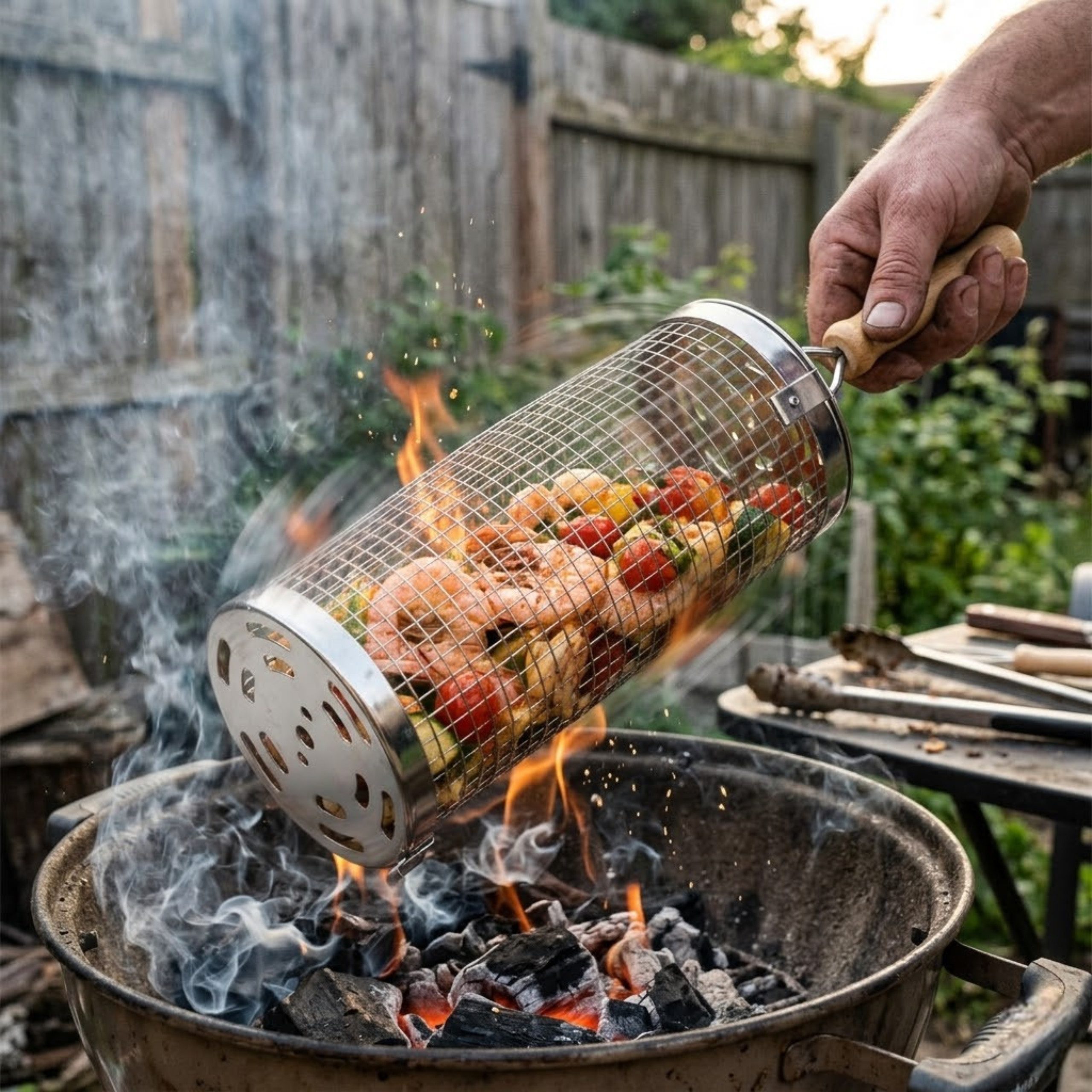 Grill-Welten Grillbesteck-Set Grill Welten Grillkorb Edelstahl BBQ Grillkorb 20 cm mit Holzgriff – Bild 5 von 5