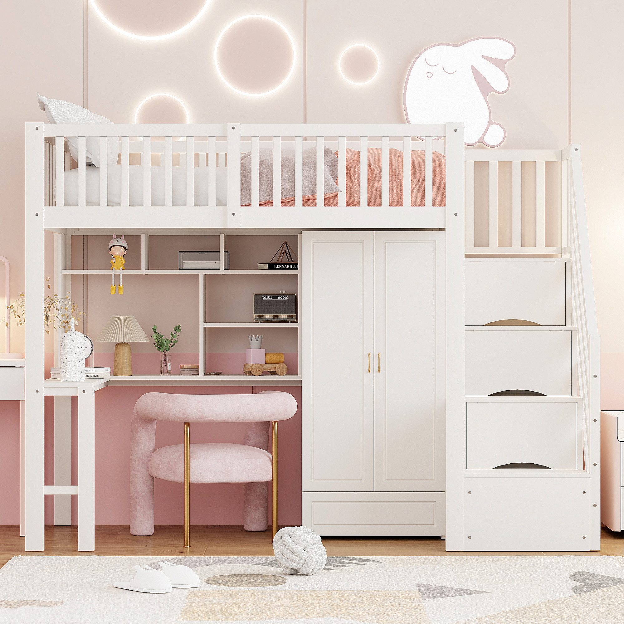 Merax Hochbett (Stauraumtreppe mit Schubladen, 1-St., Jugendbett Einzelbett Holzbett Etagenbett) Kieferholz Kinderbett 90x200cm mit großem Kleiderschrank,Regal & Tisch