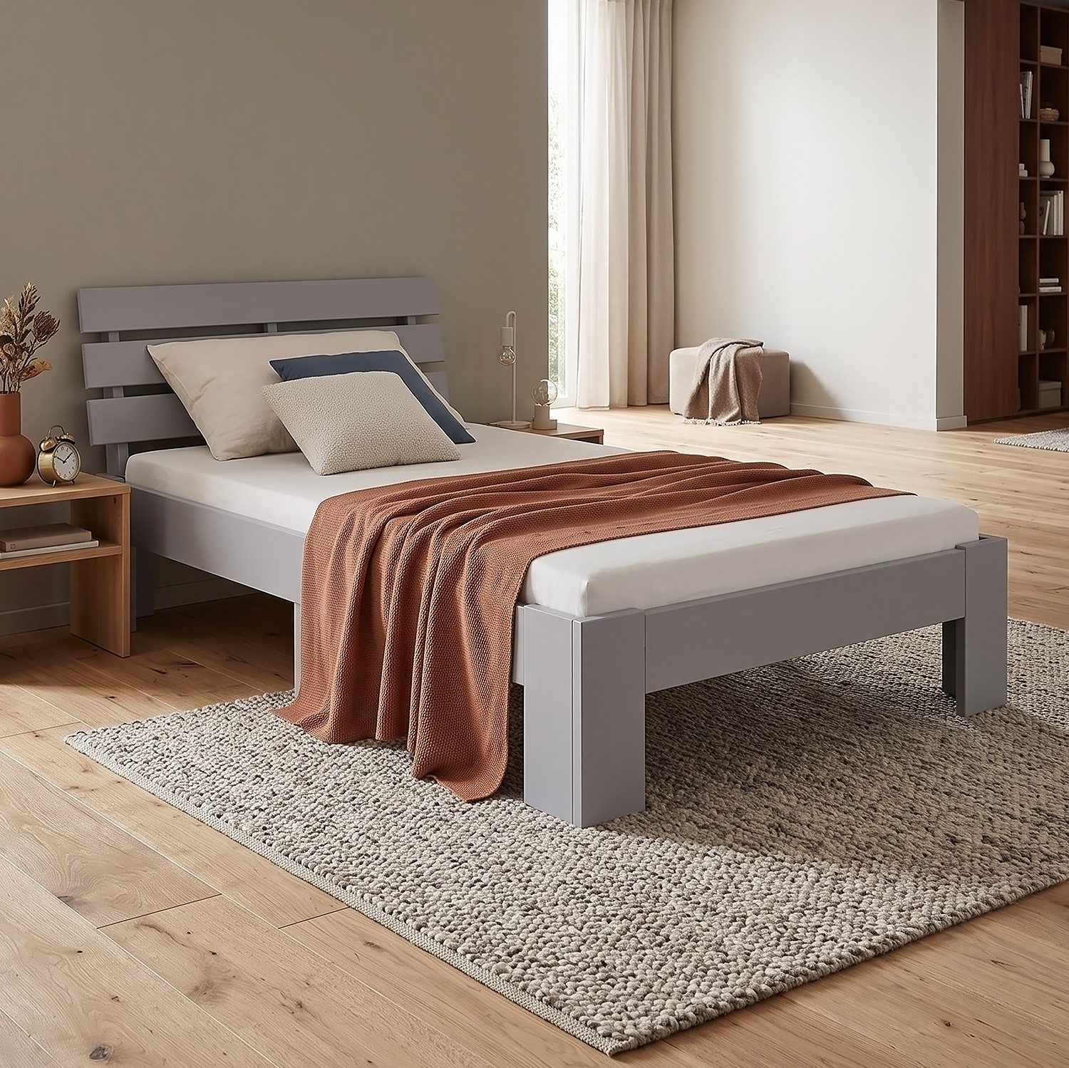 Homestyle4u Massivholzbett 90x200 120x200 140x200 160x200 180x200 Doppelbett Kopfteil Lattenrost (Set, mit Lattenrost, Grau), 90x200, modern, stabil