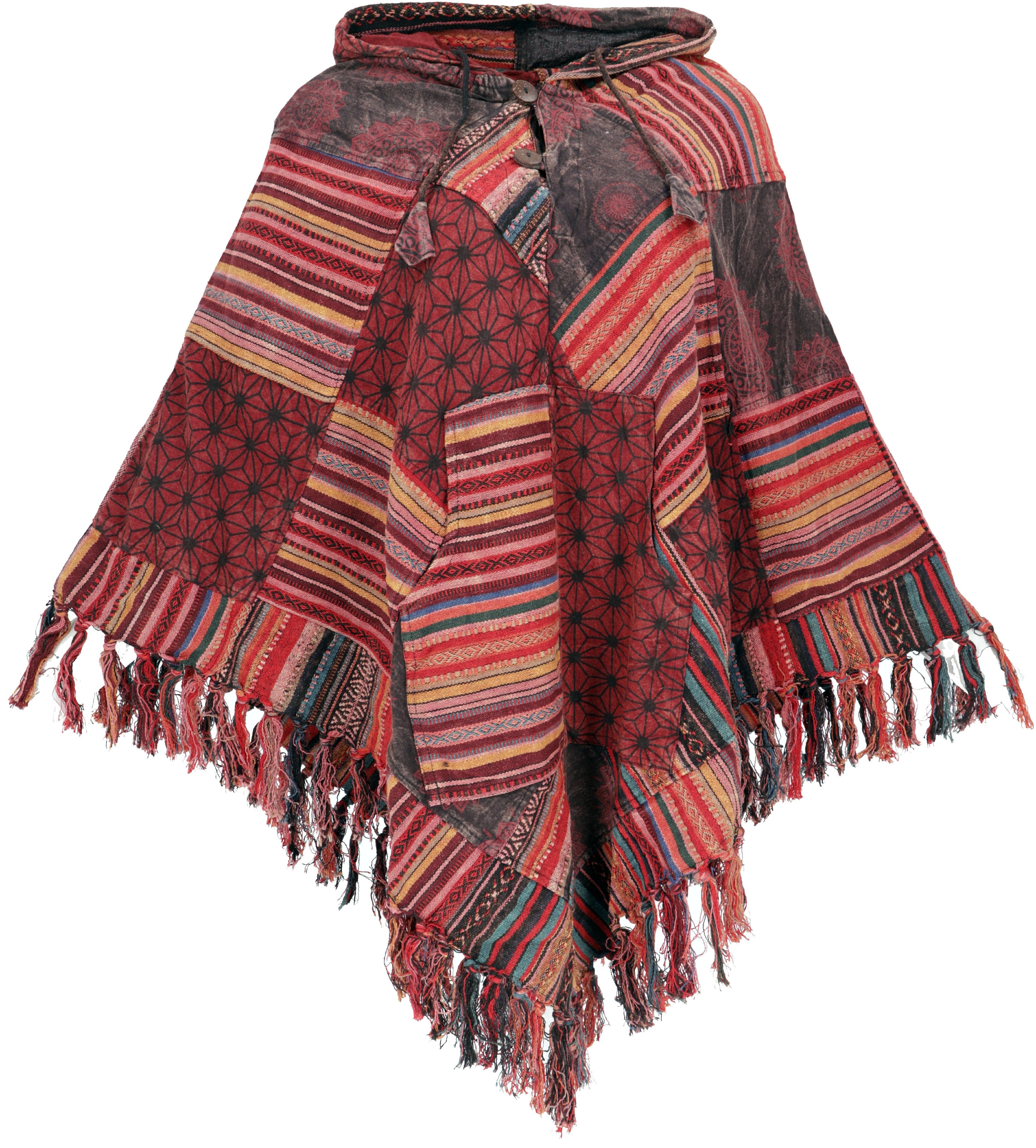 Guru-Shop Strickjacke Patchwork Poncho mit Kapuze und Fransen, Boho.. alternative Bekleidung, Ethno Style