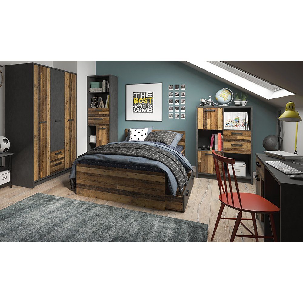 Regale, grau Holz NELSON-129, (Sparset, in 5-tlg), mit Schreibtisch, 120x200, Jugendzimmer-Set Lomadox Kleiderschrank, Bett