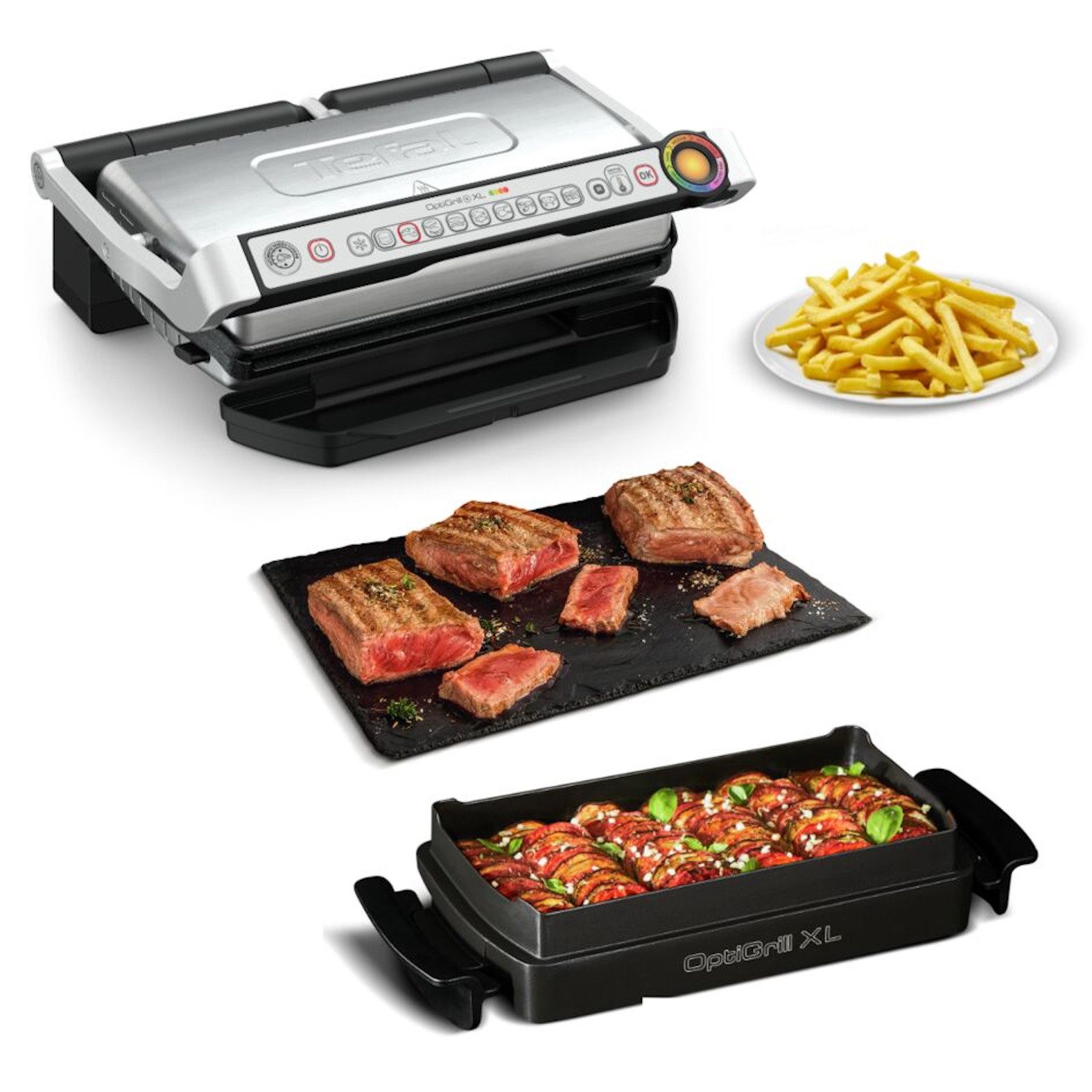 Tefal Kontaktgrill OptiGrill+ XL inkl. Backschale, manueller Modus mit 4 Temperaturen, 2000 W, 9 automatische Kochprogramme, spülmaschinengeeignete Platten, GC724D