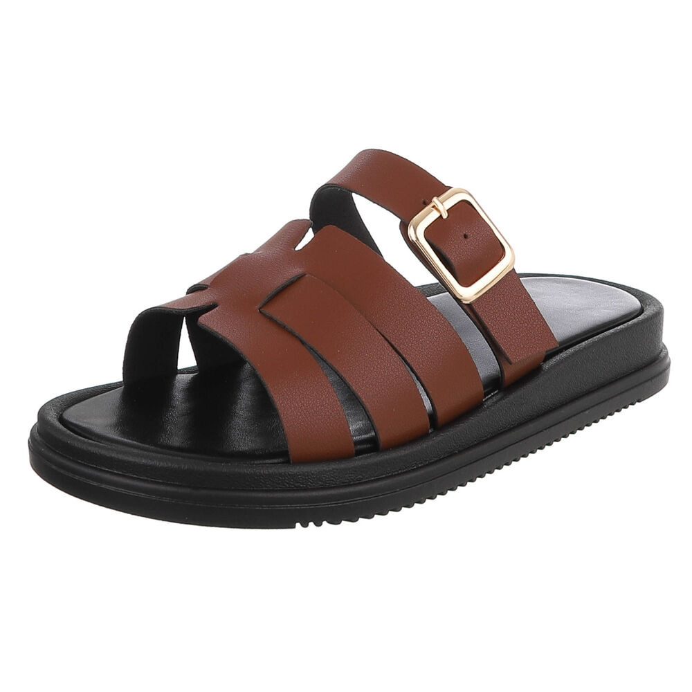 Ital-Design Damen Sandalenslipper mit Schnalle und Profilsohle Pantolette (91742411) Keilabsatz/Wedge Pantoletten in Braun