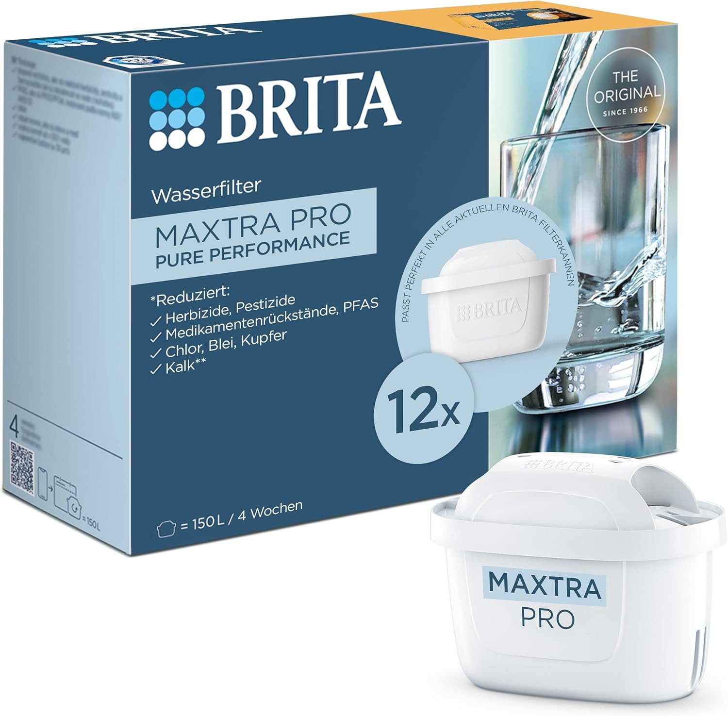 BRITA Wasserfilter Kartusche MAXTRA PRO Pure Performance (All-in1) 12er-Pack Jahrespack, Original Ersatz-Wasserfilter für BRITA-Kannen, filtert Chlor…
