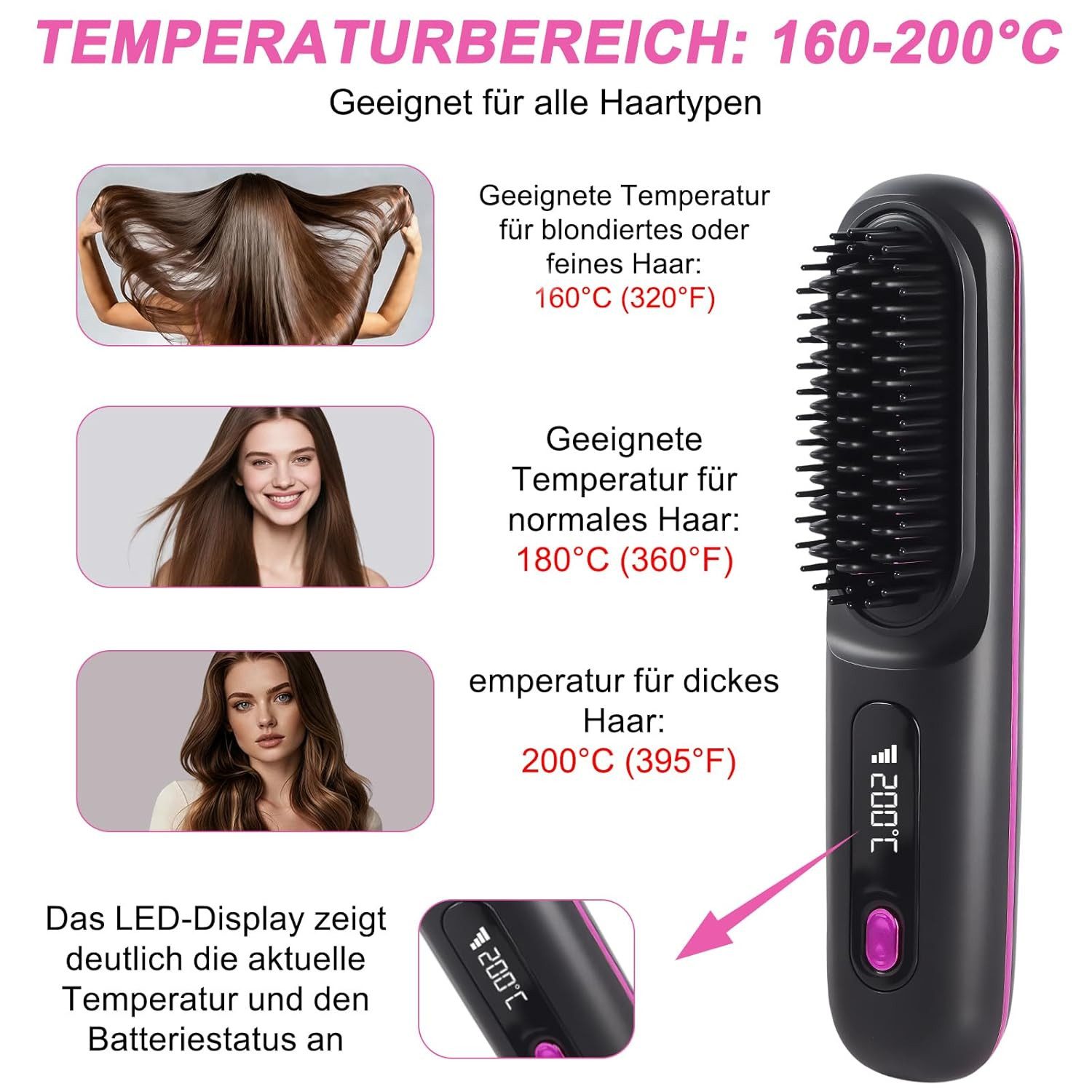 FANNOU Haarglättbürste Stylingbürste für kurze Haare kabellos Haarglätter Bürste, tragbare Haarbürste elektrisch für unterwegs, wiederaufladbar