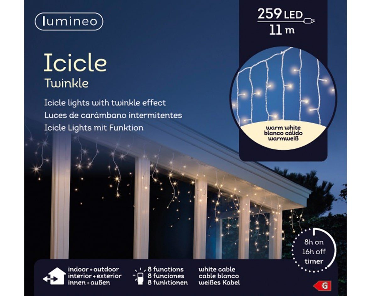 Lumineo Lichtervorhang Lichterkette Icicle Twinkle 259 LED 11 m warm weiß,  weißes Kabel, Indoor & Outdoor, dimmbar, 8h-Timer, Weihnachten,  Twinkle-Funktion