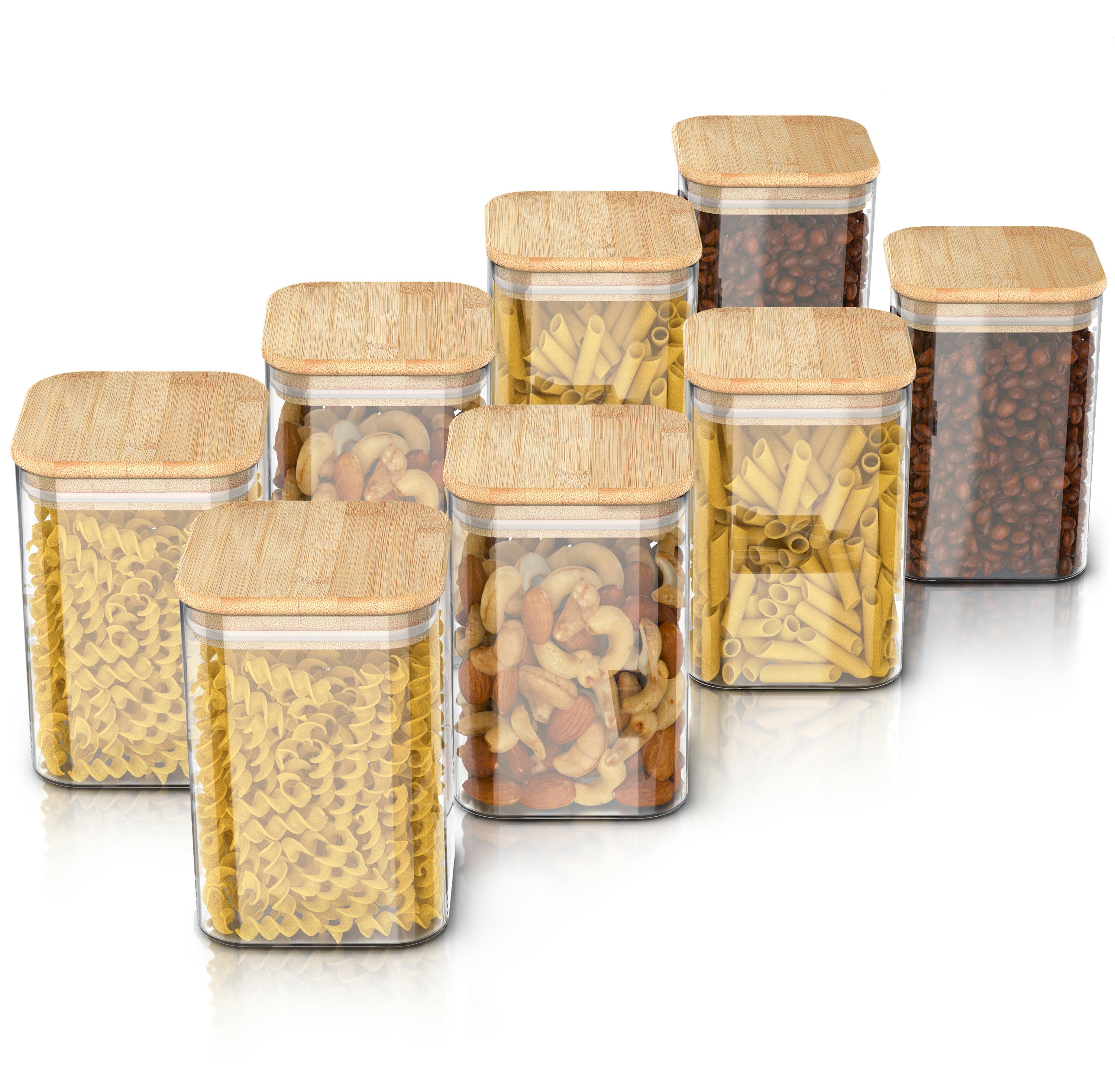 Arendo Aufbewahrungsbecher Glasbehälter-Set 8x 1,65 L Borosilikatglas mit Bambusdeckel, luftdicht, Borosilikatglas, Bambus, Silikon, (Vorratsbehälter-Set, 8-tlg., 8er Set), Hitzebeständig, umweltfreundlich, langlebig, mikrowellengeeignet