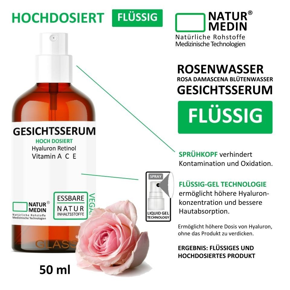 Naturmedin Gesichtsserum Gesichtsserum Rosenwasser Hyaluron Vitamin A C E 50ml