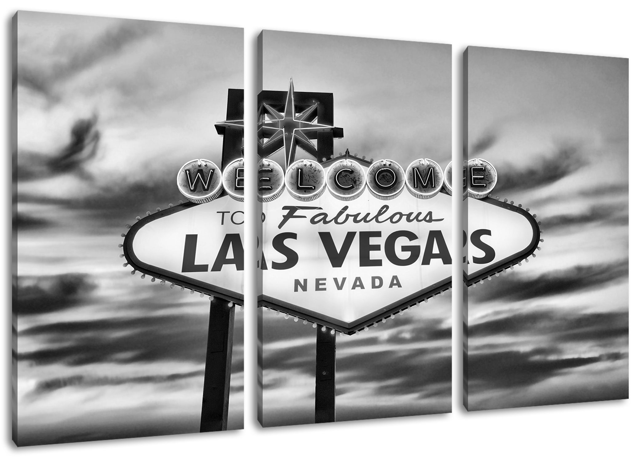 St), 3Teiler bespannt, Leinwandbild Vegas Schild Las Leinwandbild fertig inkl. Schild, (120x80cm) Pixxprint Las Zackenaufhänger (1 Vegas