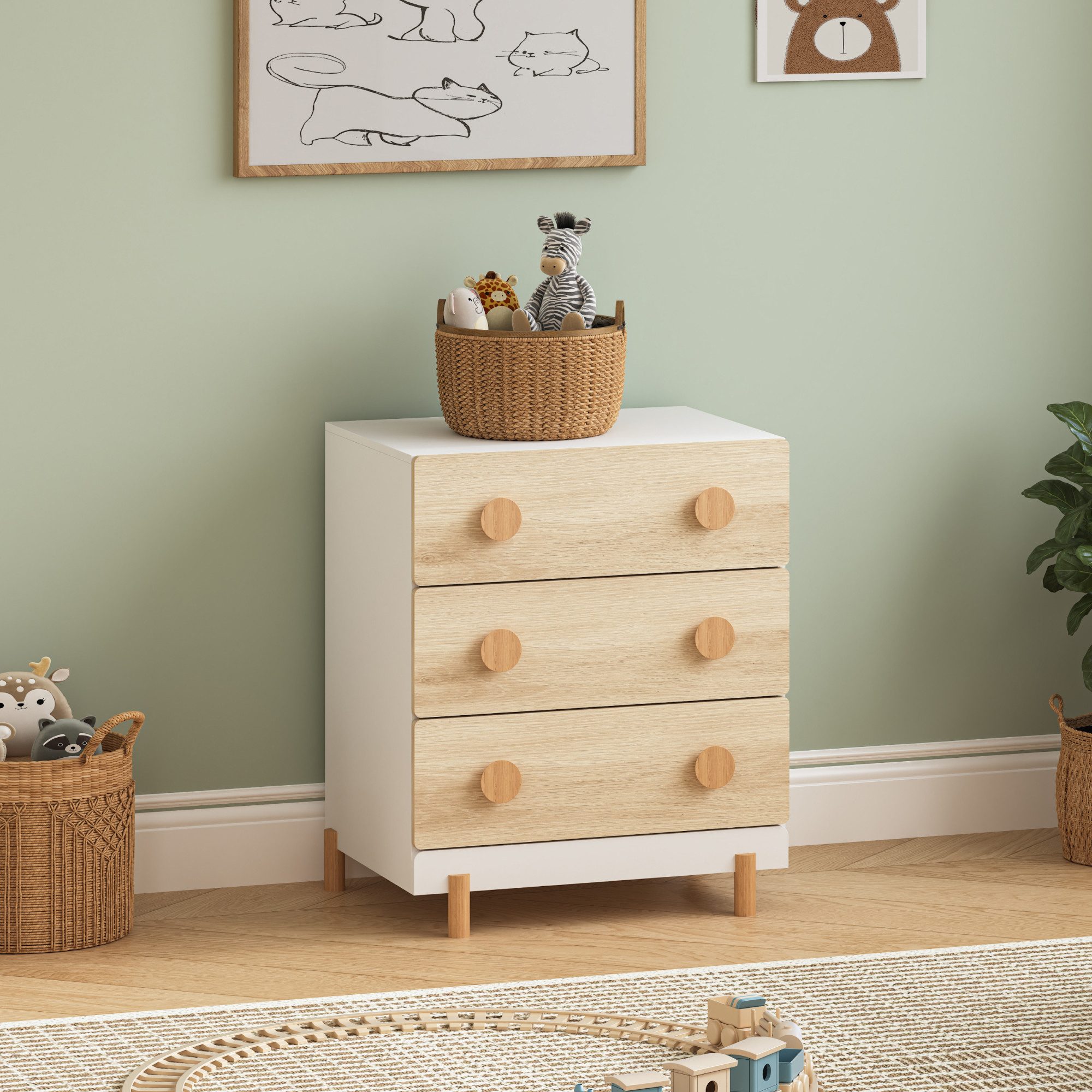 en.casa Schubkastenkommode, »Vaarentaa« Kinderzimmer 3 Schubladen Weiß/Eicheoptik