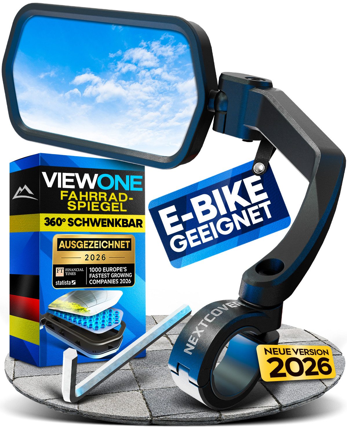 Nextcover Fahrradspiegel ProVision mit Echtglas, für E-Bike & Pedelec, Lenker Ø 22,2 mm