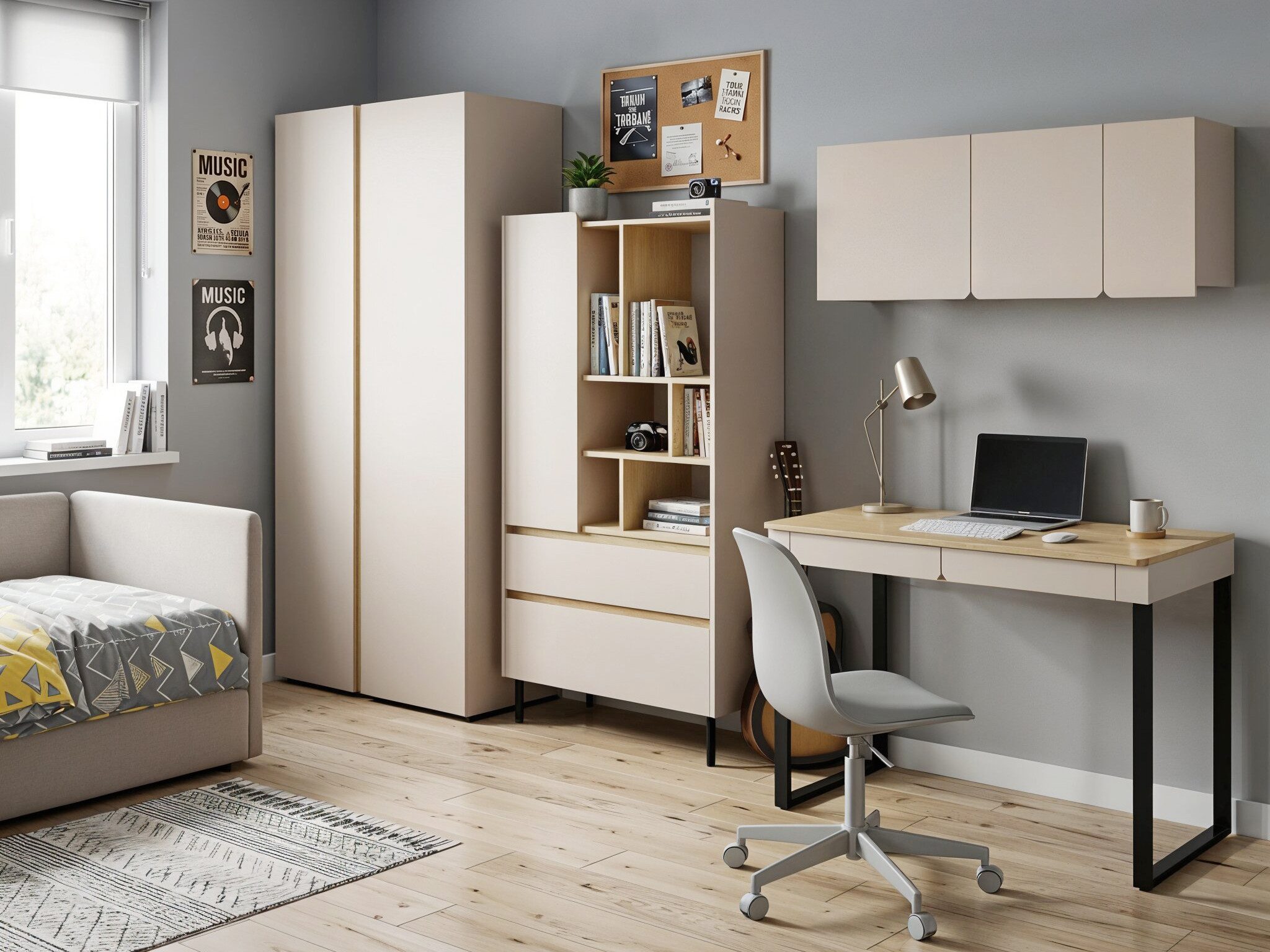 Beautysofa Jugendzimmer-Set LICO im modernen Stil, (Kinderzimmer Möbel grifflos, Set 4-teilig Kleiderschrank Bücherregal Schreibtisch Hängeregal), moderne Farben Sandbeige oder Eukalyptus