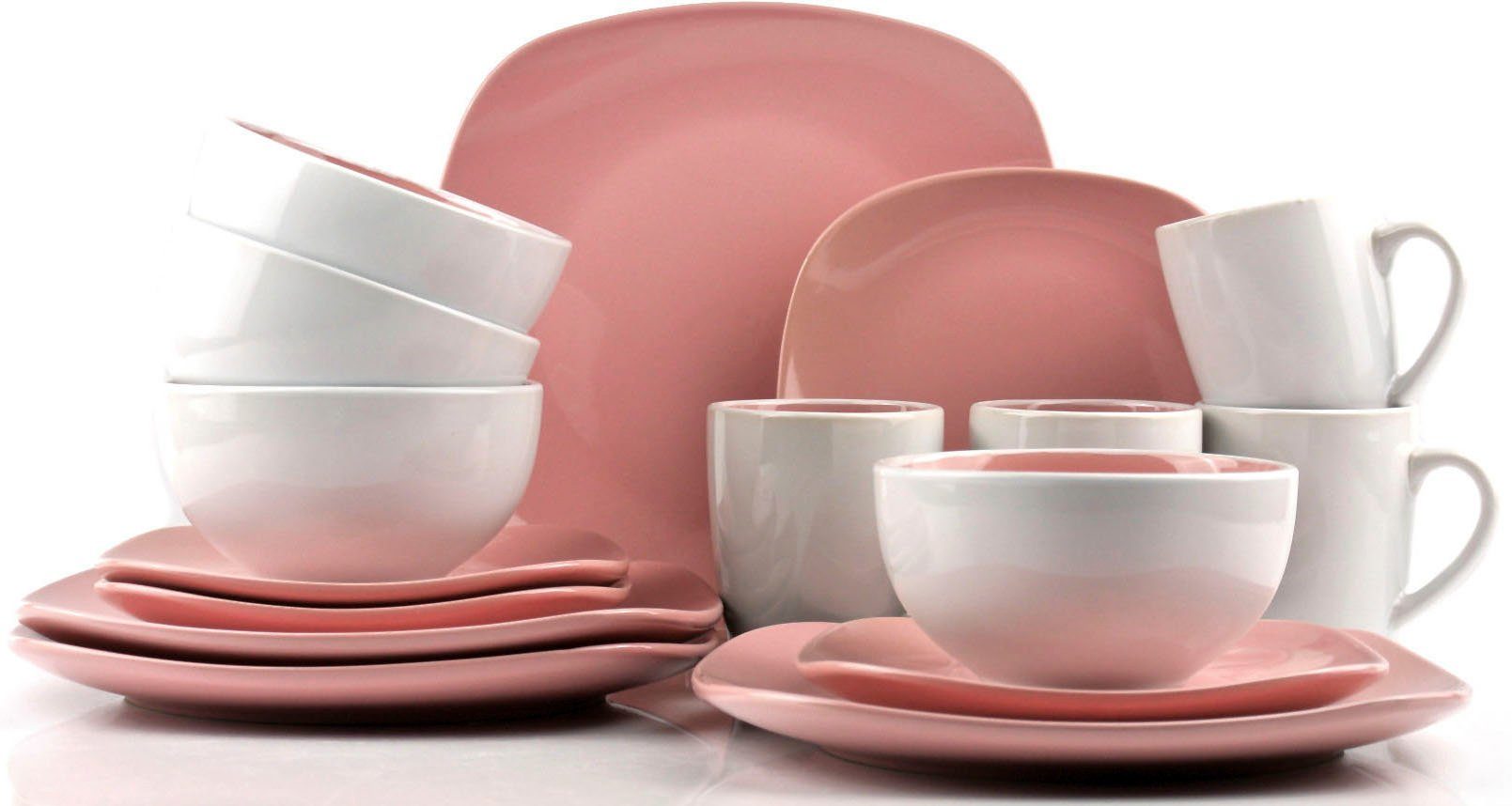 Retsch Arzberg Service Mix SQUARE Teile, Steinzeug, 16 im NOVA Geschirr-Set, PINK/ROSÈ 4 4 Rosè und Weiß, für (16-tlg), Kombiservice Personen Personen, aus Bicolor-Look