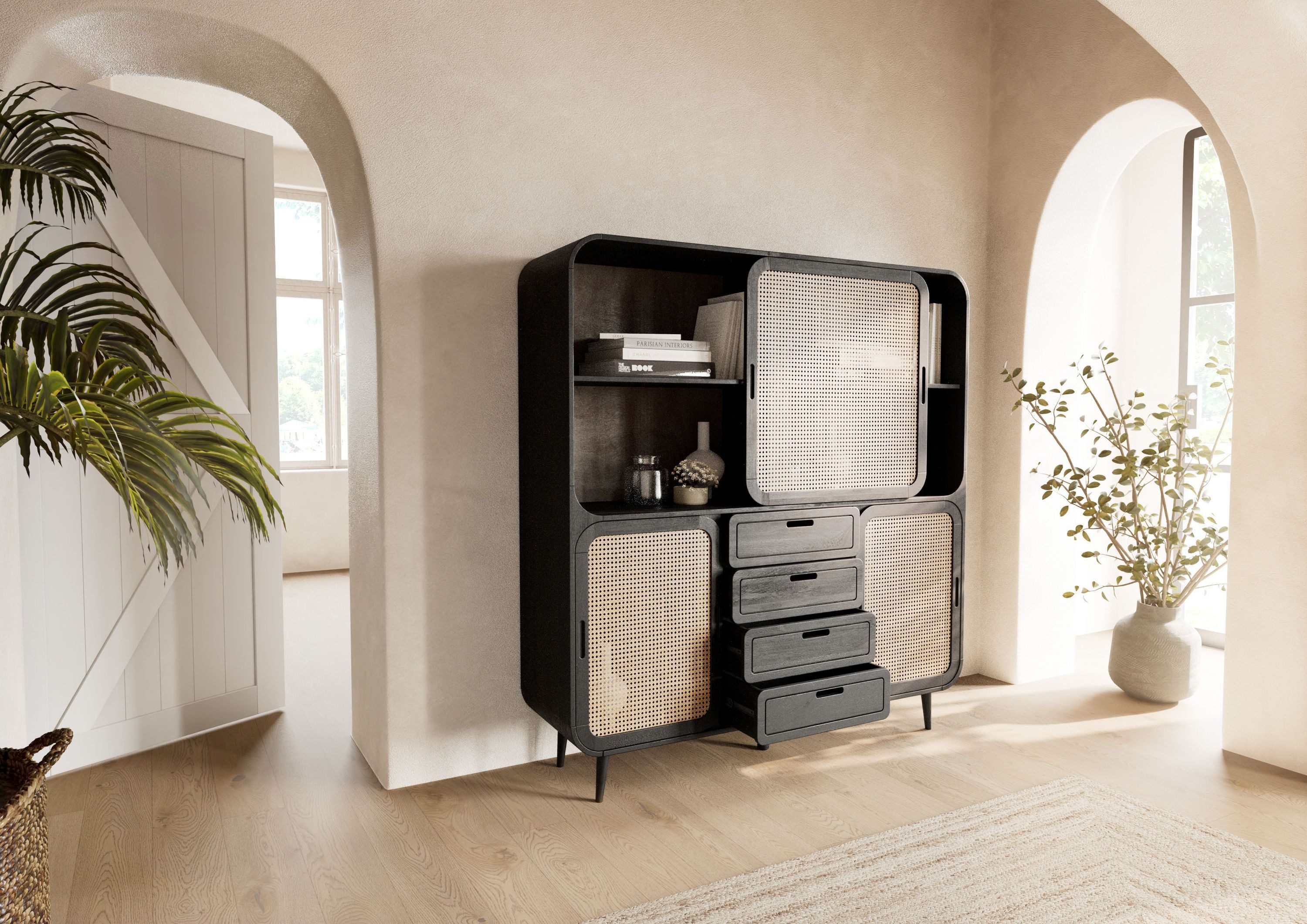Massivmoebel24 Highboard VALENCIA (Massivholz), Mango 150x40x160 dunkelgrau lackiert VALENCIA #211